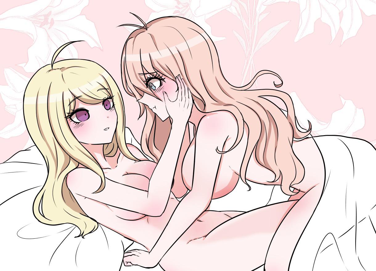 2girls, ahoge, akamatsu kaede, bed, big breasts, blonde hair, blue eyes, blush, breasts, color, completely nude, convenient censoring, danganronpa, danganronpa v3, female, female on top, female only, female/female, hands on face, holding face, iruma miu, large breasts, light skin, looking at another, monja (jyamong 0907), multiple females, multiple girls, nude, nude female, on back, on bed, on top, pink background, purple eyes, sheets, smooth skin, strawberry blonde hair, wholesome, yuri