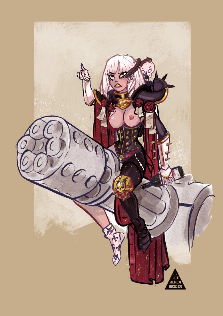 adepta_sororitas armor bob_cut drunk exposed_breasts gatling_gun gun imperium_of_man jetblackraider purity_seal servo-skull short_hair sister_of_battle warhammer_(franchise) warhammer_40k white_hair