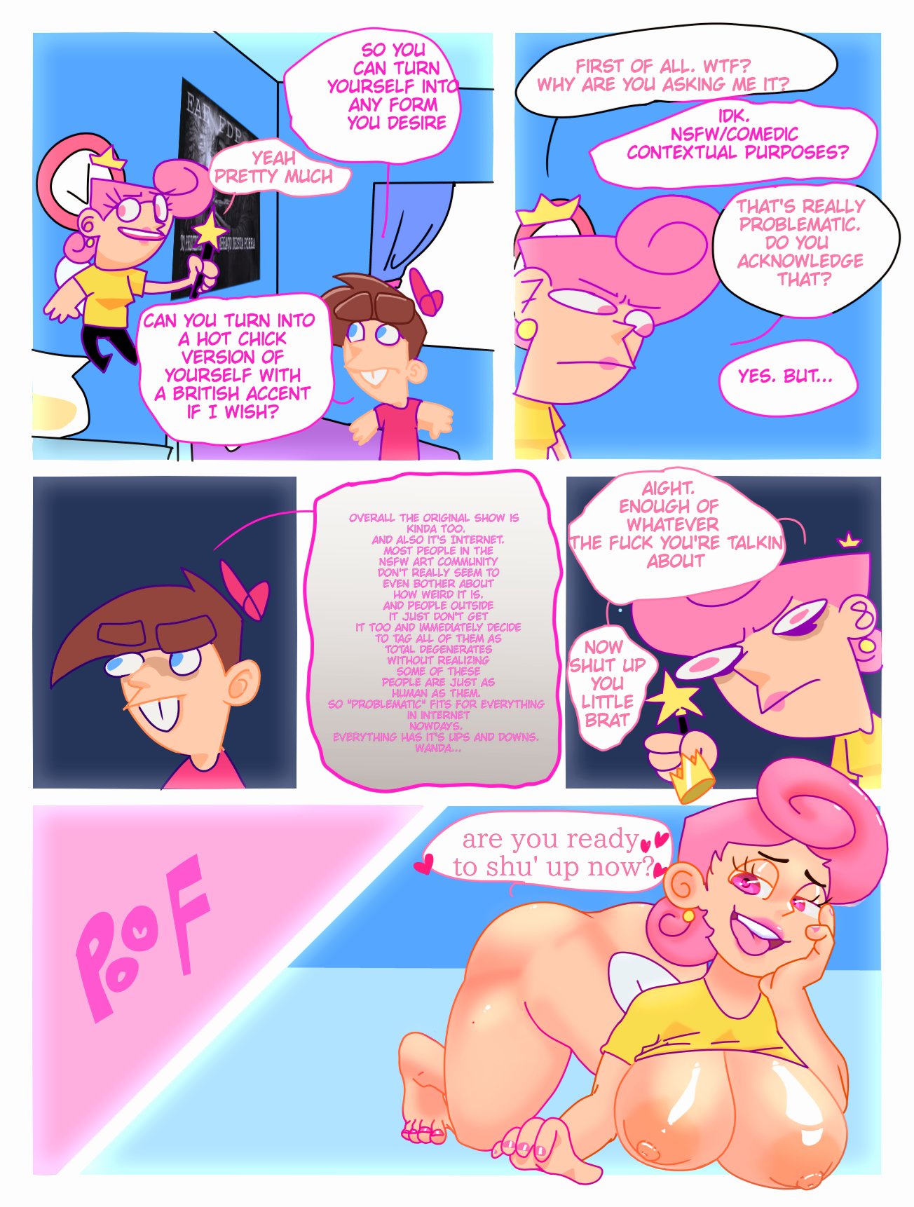1boy, 1girls, breasts, dialogue, fairy, fairy wings, female, humor, male, nickelodeon, pink eyes, pink hair, straight hair, the fairly oddparents, timmy turner, wanda