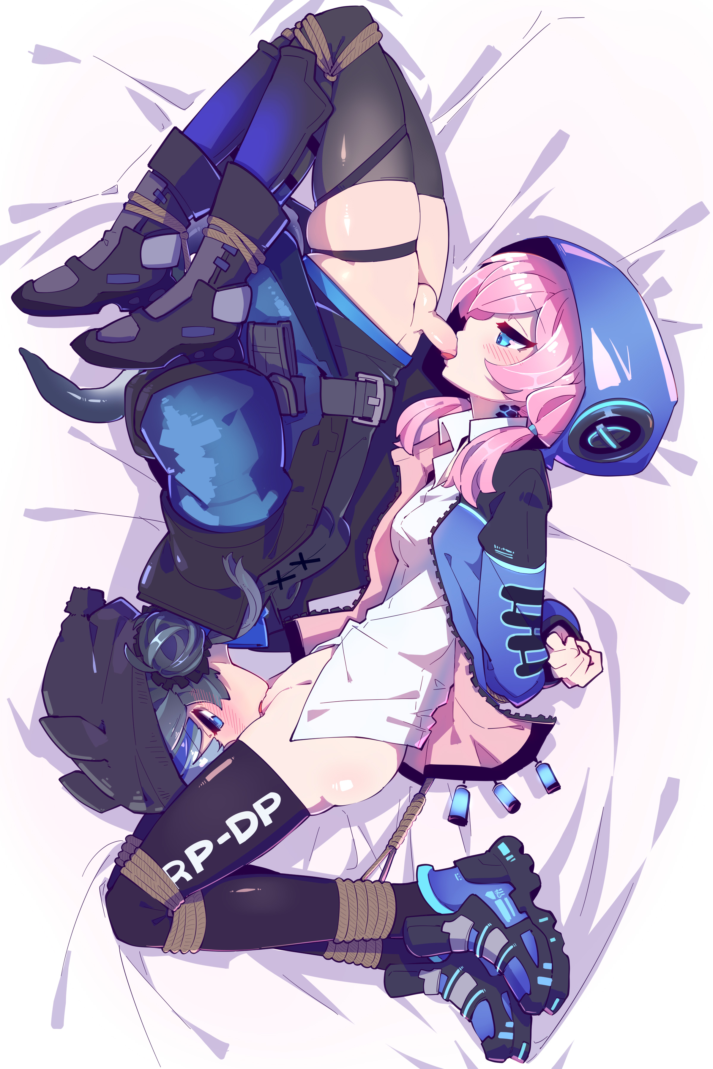 1futa, 1girls, 69, arknights, arms behind back, ass, balls, blowjob, blue eyes, blue hair, blue poison (arknights), blush, bondage, breasts, clothed, clothing, duo, embarrassed, erection, fellatio, female, futa on female, futanari, glaucus (arknights), guangmi, hands behind back, highres, hoodie, intersex, legwear, lying, medium breasts, medium hair, multiple subs, oral, pale skin, partially clothed, penis, pink hair, pussy, rope, sex, shaved pussy, shoes, short hair, small balls, small breasts, small penis, stockings, streetwear, tagme, tail, thick thighs, thighhighs, tied up, tongue, tongue out, uniform