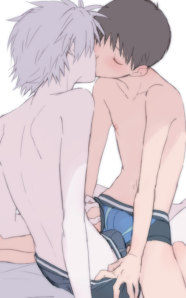 2boys albino artist_request blue_boxers blush brown_hair closed_eyes cute erection gay gay_sex gray_boxers human kaworu_nagisa kissing male male/male male_nipples male_only neon_genesis_evangelion nipple no_visible_genitalia penis_bulge rubber_clothing shinji_ikari short_hair simple_background smooth_skinned_male underwear white_hair yaoi