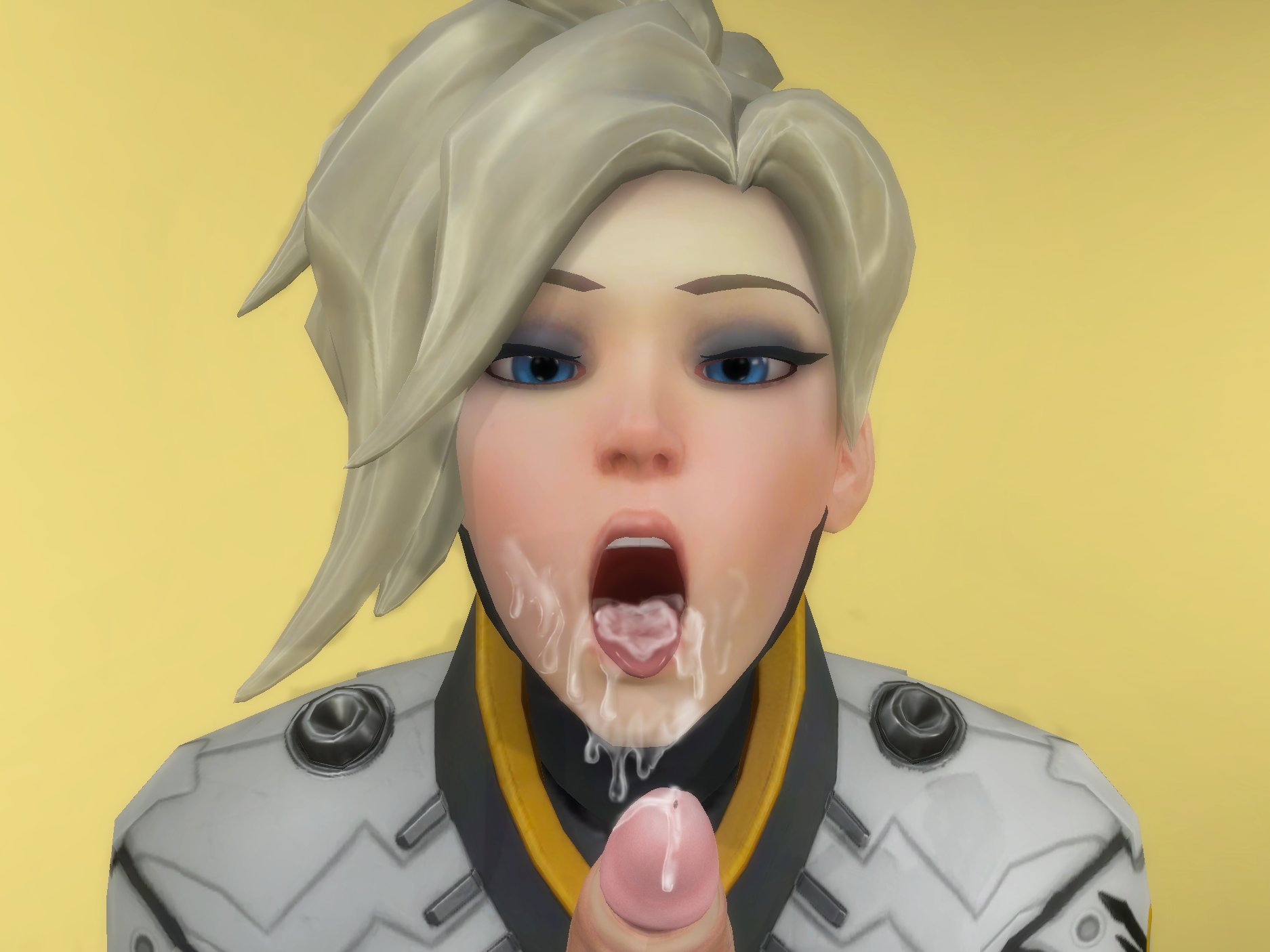 3d, after fellatio, cum, cum in mouth, cum on tongue, eyeshadow, female, male, male pov, mercy, oral creampie, overwatch, overwatch 2, pov, rwt4184, straight, unseen male face