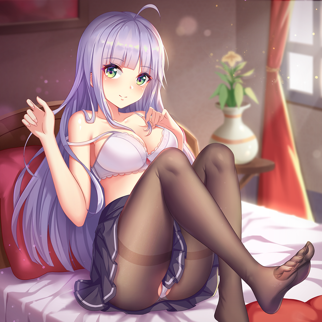 bra feet girlgame green_eyes hentai_girl_hime long_hair looking_at_viewer pantyhose purple_hair skirt unbuttoned white_bra white_hair