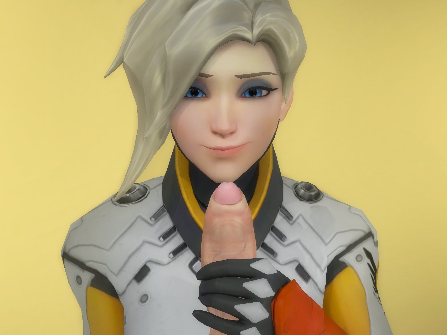 3d, black gloves, eyeshadow, female, foreskin, gloved handjob, gloves, hand on penis, handjob, handjob with gloves, holding penis, male, male pov, mercy, overwatch, overwatch 2, penis, pov, pov eye contact, rwt4184, smile, straight, touching penis, uncircumcised, uncut, unseen male face