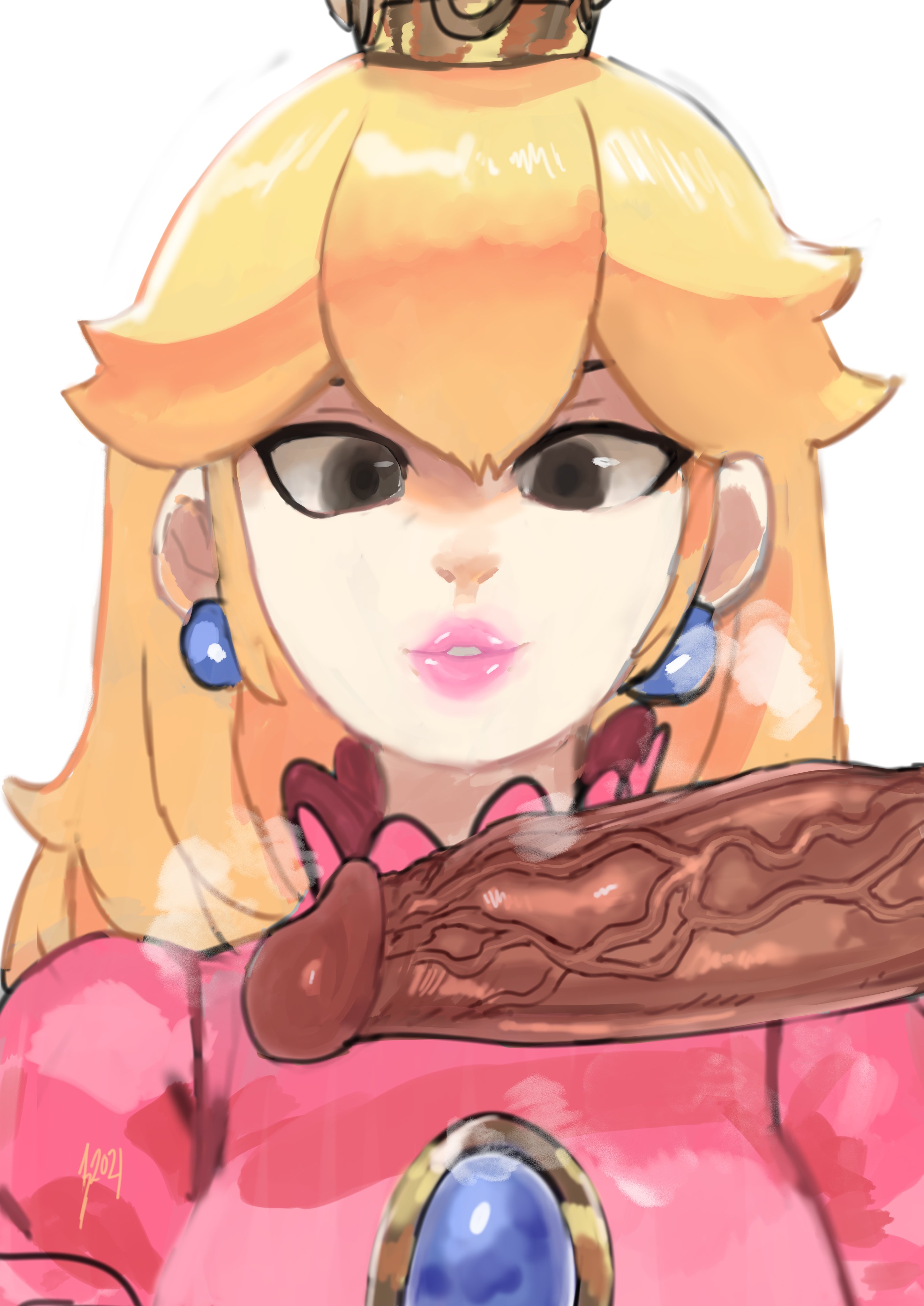 1boy, 1girls, astral seven, blonde hair, brown eyes, clothed, clothing, dark skin, dark-skinned male, dress, erection, female, interracial, light skin, light-skinned female, lips, lipstick, long hair, looking at penis, makeup, male, mario (series), nintendo, penis, pink dress, pink lipstick, portrait, princess peach, simple background, steam, vein, veiny penis, white background
