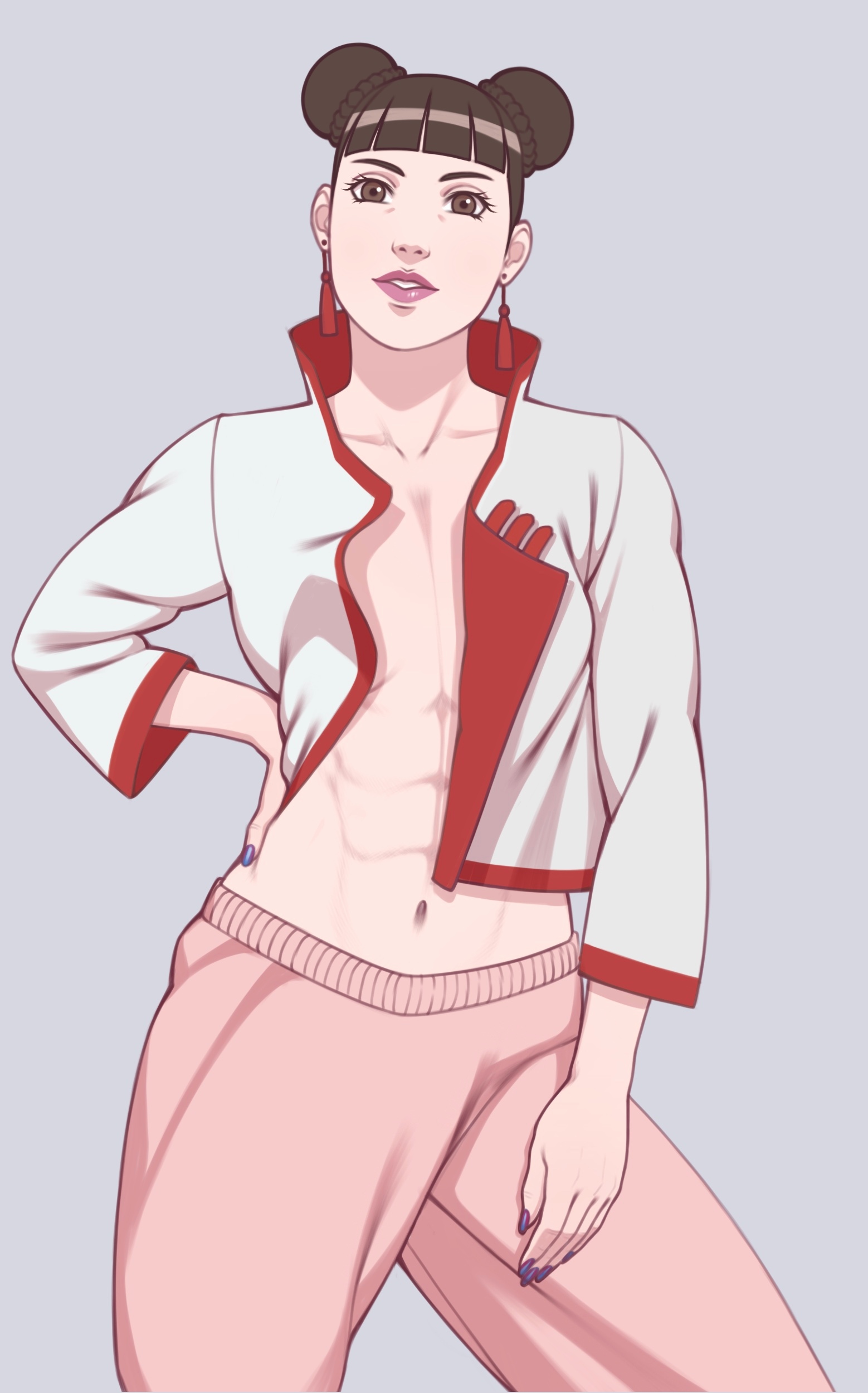 1girls, abs, blunt bangs, boruto: naruto next generations, breasts, brown eyes, brown hair, clothing, double bun, earrings, female, female only, hand on hip, lipstick, long fingernails, looking at viewer, makeup, muscular, muscular female, nail polish, naruto, naruto (series), open clothes, open shirt, pants, parted lips, position, reserexerion, shirt, smile, tenten, tied hair