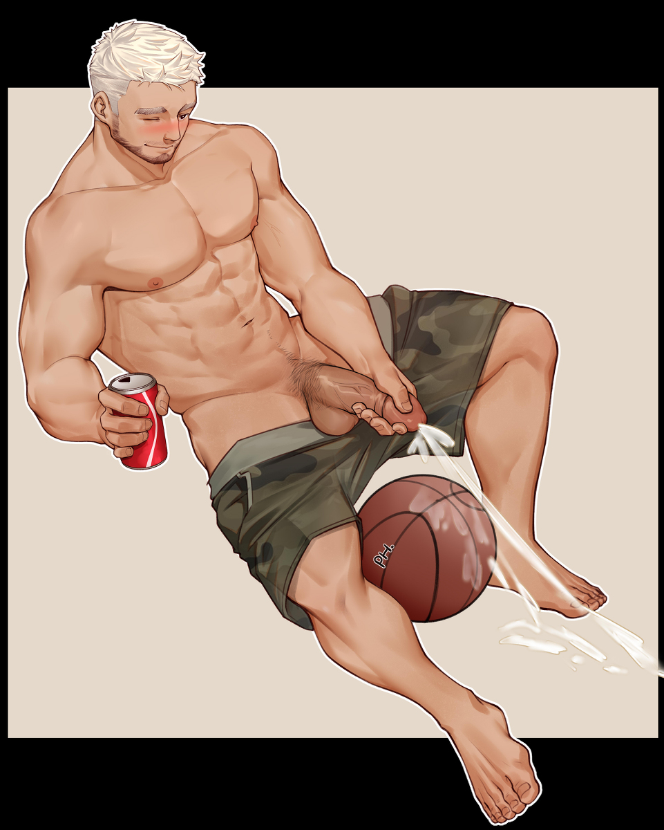 1boy 1male abs balls balls_out bara basketball beard beating_off big_balls big_penis blush body_hair boner camouflage camouflage_shorts can coca-cola cum cum_drip cum_squirt cum_squirting cumming cumshot ejaculation erect_nipples erect_penis erection facial_hair full_body functionally_nude happy_trail hard_on highres holding holding_can jacking_off jerking jerkingoff looking_pleasured male_focus male_masturbation male_nipples male_only male_orgasm male_pubic_hair masturbating masturbation muscular muscular_male navel navel_hair nipples one_eye_closed orgasm original pecs pectorals penile_masturbation penis penis_out peterhl projectile_cum pubic_hair shirtless short_hair shorts shorts_down sitting solo solo_male spread_legs stiffy stroking stroking_cock stroking_penis stubble toned toned_male uncensored veiny_penis white_hair