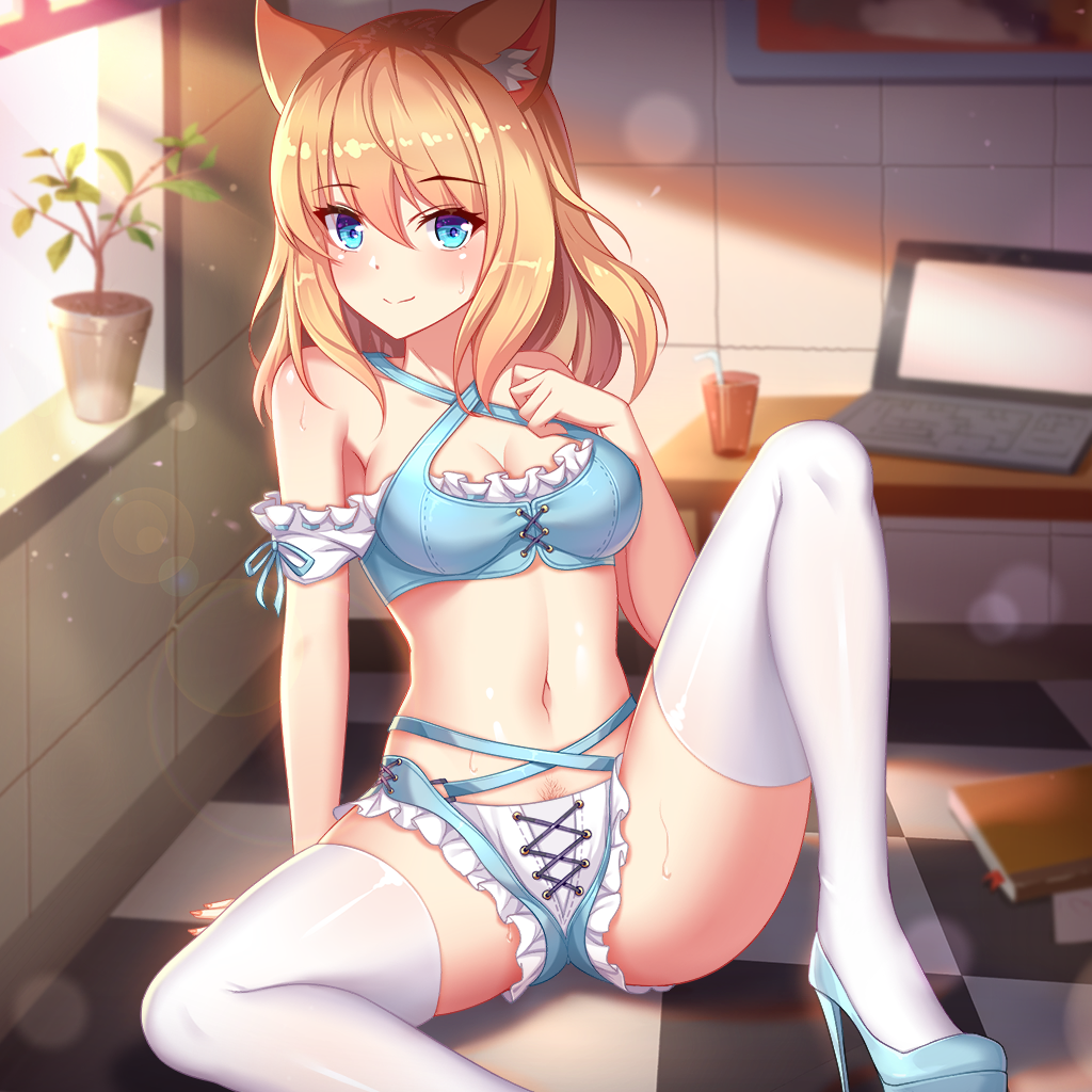 blonde_hair blue_eyes cat_ears girlgame hentai_girl_hime lingerie looking_at_viewer spread_legs stockings sweat