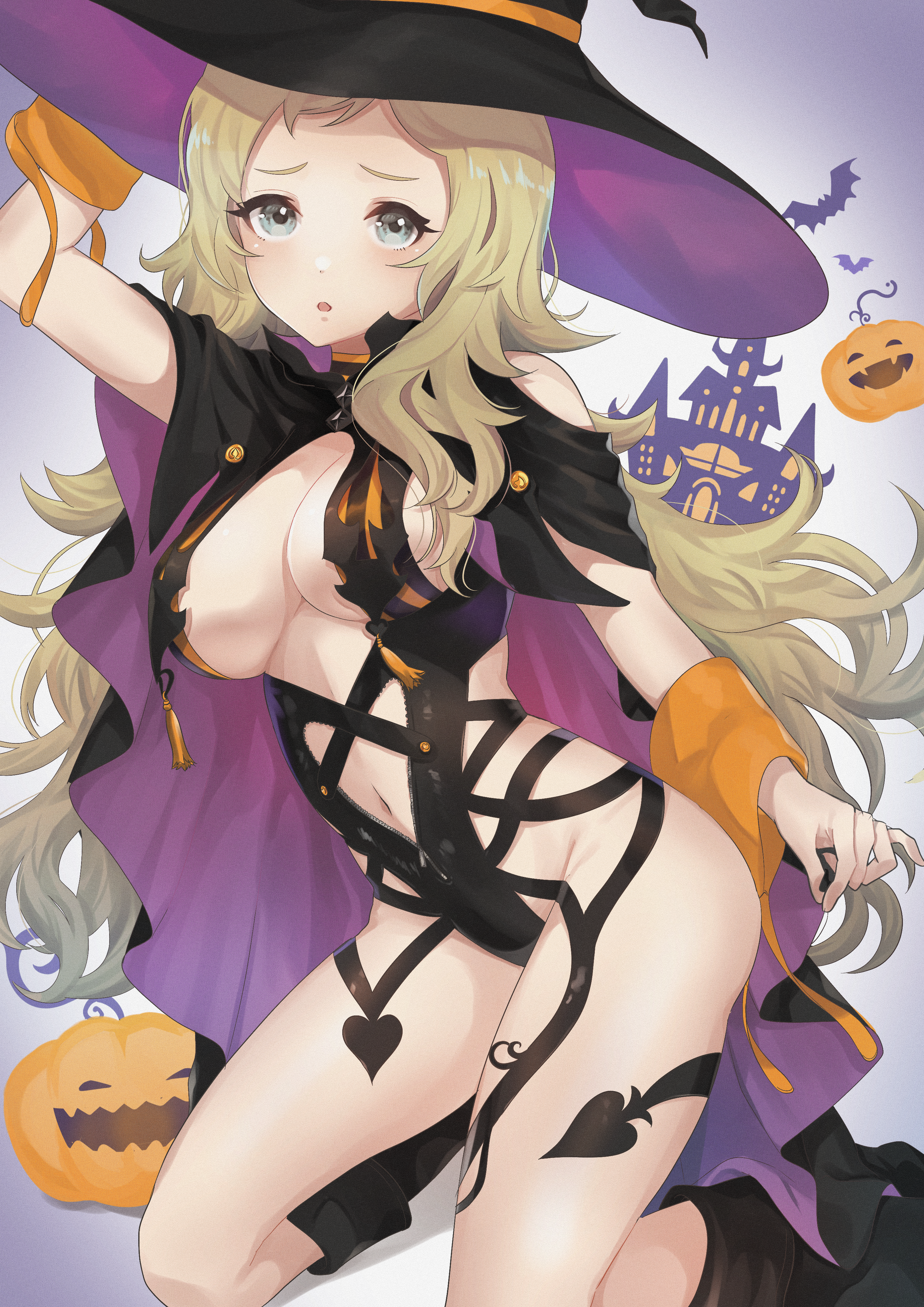 1girls, absurdres, alternate costume, big breasts, blonde hair, breasts, castle, commission, cosplay, crossover, female, fire emblem, fire emblem fates, grey eyes, hachako, halloween, halloween costume, hat, highres, huge filesize, jack-o'-lantern, king of fighters, long hair, looking at viewer, nintendo, ophelia (fire emblem), shermie (cosplay), sideboob, simple background, skeb commission, snk, snk heroines: tag team frenzy, solo, solo female, thighs, witch, witch hat