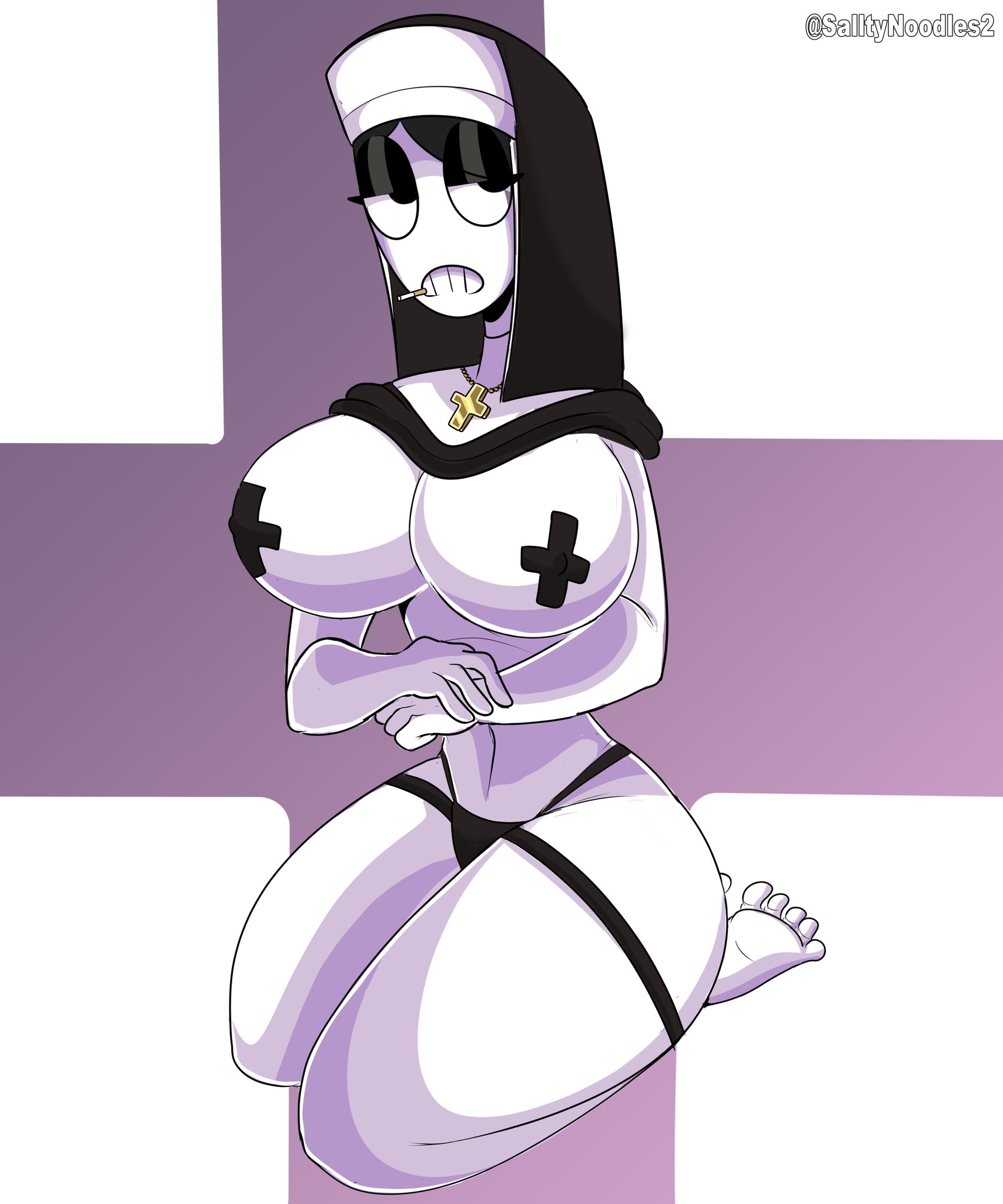 big breasts, black hair, black panties, breasts, chains, cigarette, clothing, cross, cross pasties, female, goth, headwear, nun, nun outfit, pasties, saltynoodles, solo, thick thighs, unamused, veronica (saltynoodles), white skin, wide hips
