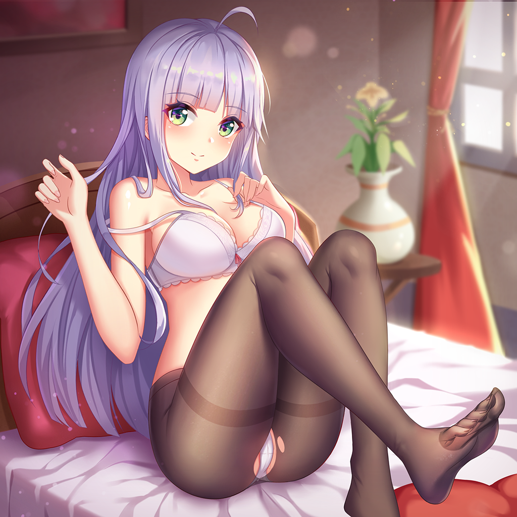 bed bra feet girlgame green_eyes hentai_girl_hime long_hair looking_at_viewer panties pantyhose purple_hair unbuttoned white_bra white_hair white_panties