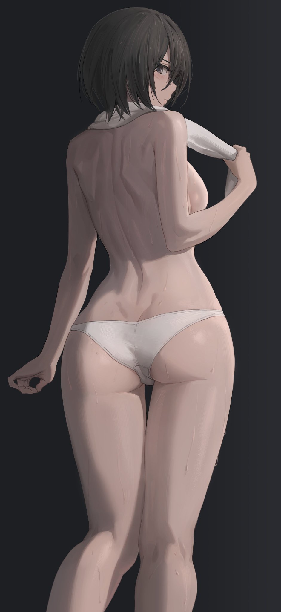 1girls ass ass_cleavage attack_on_titan back_view black_eyes black_hair breasts butt butt_crack dat_ass eyelashes female grey_eyes looking_at_viewer looking_back medium_breasts medium_hair mikasa_ackerman pale_skin panties scar shingeki_no_kyojin sideboob slim small_ass solo sweat sweatdrop sweaty tagme topless towel white_panties yohan1754