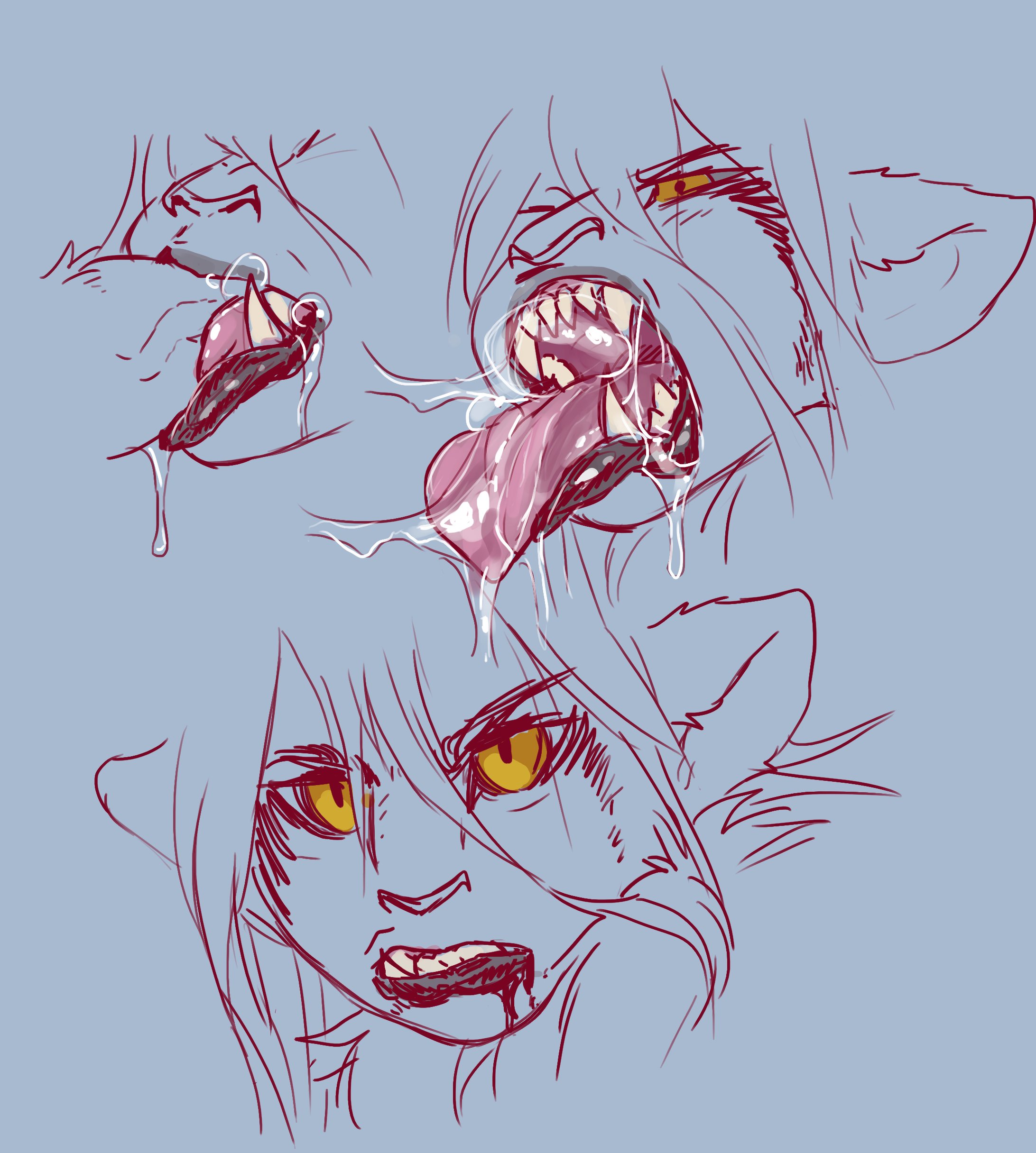 1boy, 1other, ambiguous gender, anthro, black lips, blowjob, cat ears, disembodied penis, drool, drooling, erection, fellatio, furry, lion ears, male, nuri (ungulatr), oral, oral sex, partial male, penis, saliva, saliva string, saliva trail, sharp teeth, sketch, slobber, sphynx (cat), thick bottom lip, thick lips, tongue, tongue out, tonguejob, ungulatr, veiny penis, yellow eyes