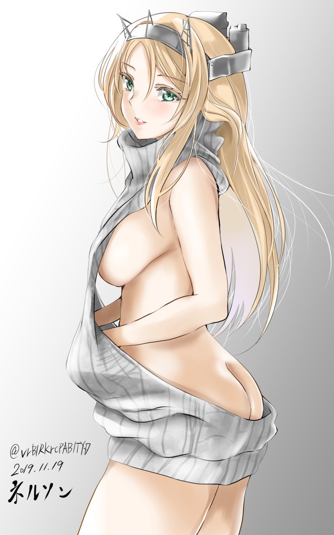 1girls ass ass_cleavage backless_dress backless_outfit bangs blonde_hair blush breasts butt_crack character_name dated dress eyebrows_visible_through_hair female female_only green_eyes grey_sweater headgear kantai_collection large_breasts lips long_hair meme_attire naked_sweater nelson_(kantai_collection) parted_lips ribbed_sweater sideboob simple_background sleeveless solo solo_female sweater sweater_dress tororo_ten turtleneck turtleneck_sweater twitter_username virgin_killer_sweater