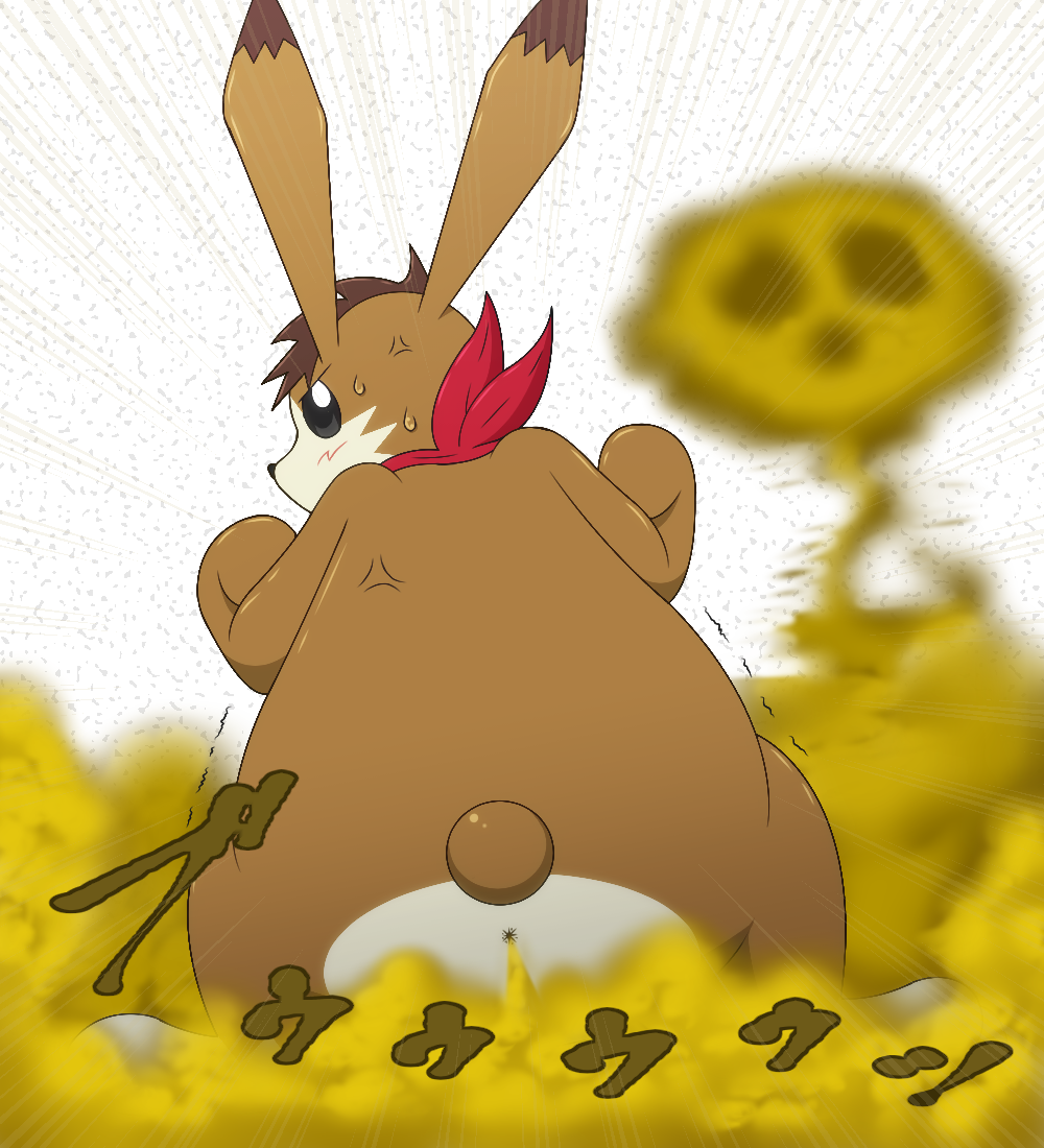 ass bodily_fluids brown_body brown_fur fard fart fart_cloud fur gas hare hare_(monster_rancher) lagomorph leporid looking_back male mammal rear_view red_scarf scarf simple_background slightly_chubby sweat white_background white_body white_fur