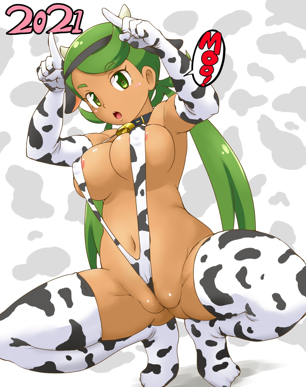 1girls 2021 alternate_breast_size bell_collar big_breasts breasts cameltoe collar cow_bikini cow_ears cow_horns cow_print cow_print_armwear cow_print_bikini cow_print_thighhighs elbow_gloves eye_contact female green_eyes green_hair large_breasts looking_at_viewer mallow_(pokemon) nintendo pokemon pokemon_sm puffy_pussy pussy sling_bikini solo speech_bubble squatting text thick_thighs thighhighs thighs tof trial_captain twintails