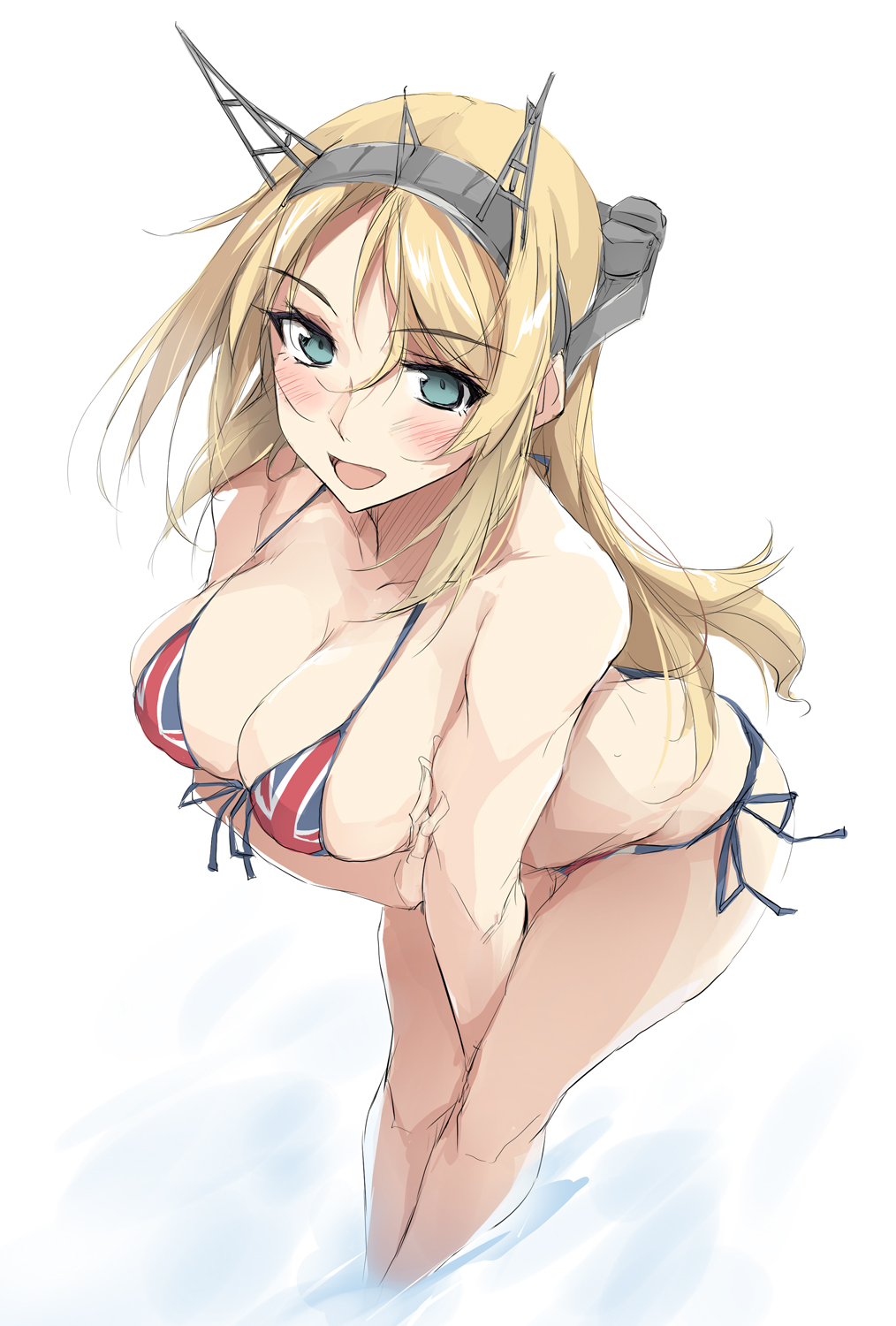 1girls 2d alternate_costume bangs bare_shoulders bent_over between_legs bikini blonde_hair blue_eyes blush breasts cleavage collarbone eyebrows_visible_through_hair female female_only flag_print front-tie_top full_body hair_between_eyes hand_between_legs headgear highres kantai_collection large_breasts leaning_forward light-skinned_female light_skin long_hair looking_at_viewer nelson_(kantai_collection) open_mouth pale-skinned_female pale_skin side-tie_bikini simple_background skindentation smile solo solo_female standing swimsuit union_jack union_jack_bikini white_background zekkyon