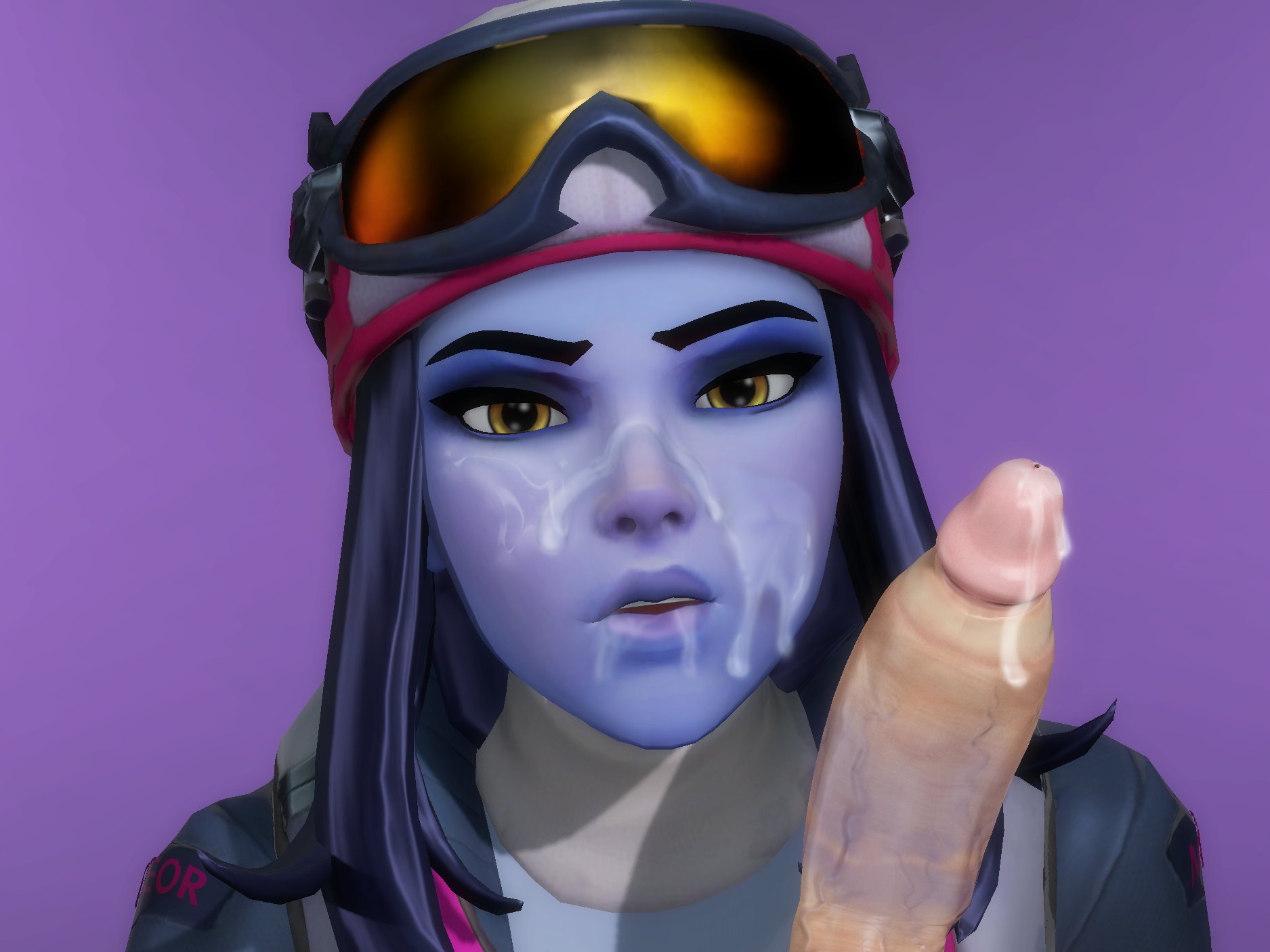 1boy, 1girls, 3d, after sex, alternate costume, biathlon widowmaker, blowjob, blue skin, colored skin, cum, cum on face, eyeshadow, fellatio, female, goggles, kneeling, lipstick, lipstick mark, lipstick on penis, male, male pov, on knees, overwatch, overwatch 2, penis, pov, rwt4184, straight, unseen male face, widowmaker