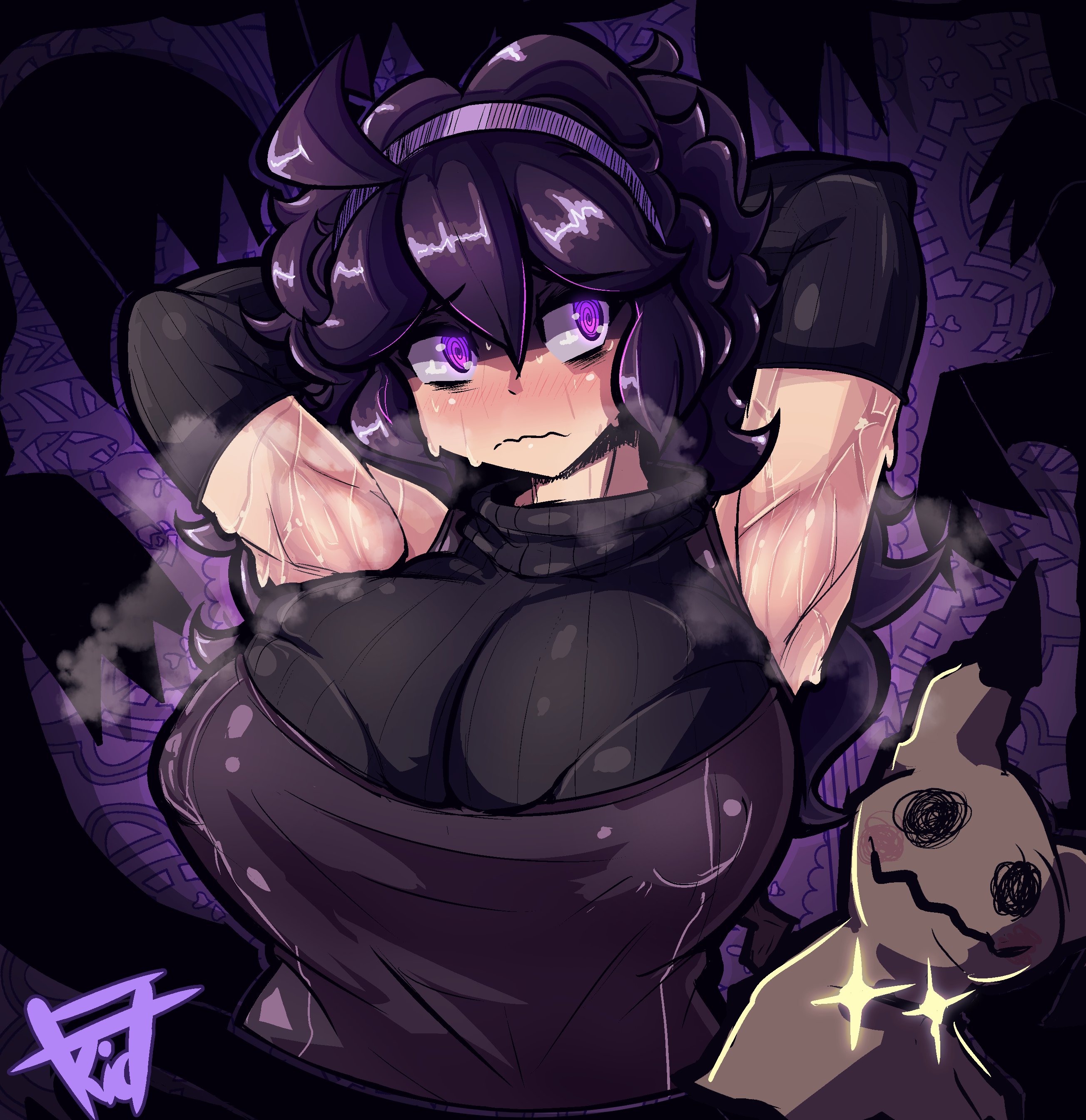 1girls, ahoge, alternate breast size, armpits, arms up, breasts, female, headband, hex maniac, huge breasts, nintendo, nipples visible through clothing, pokemon, pokemon xy, purple hair, sweat, th3k1d