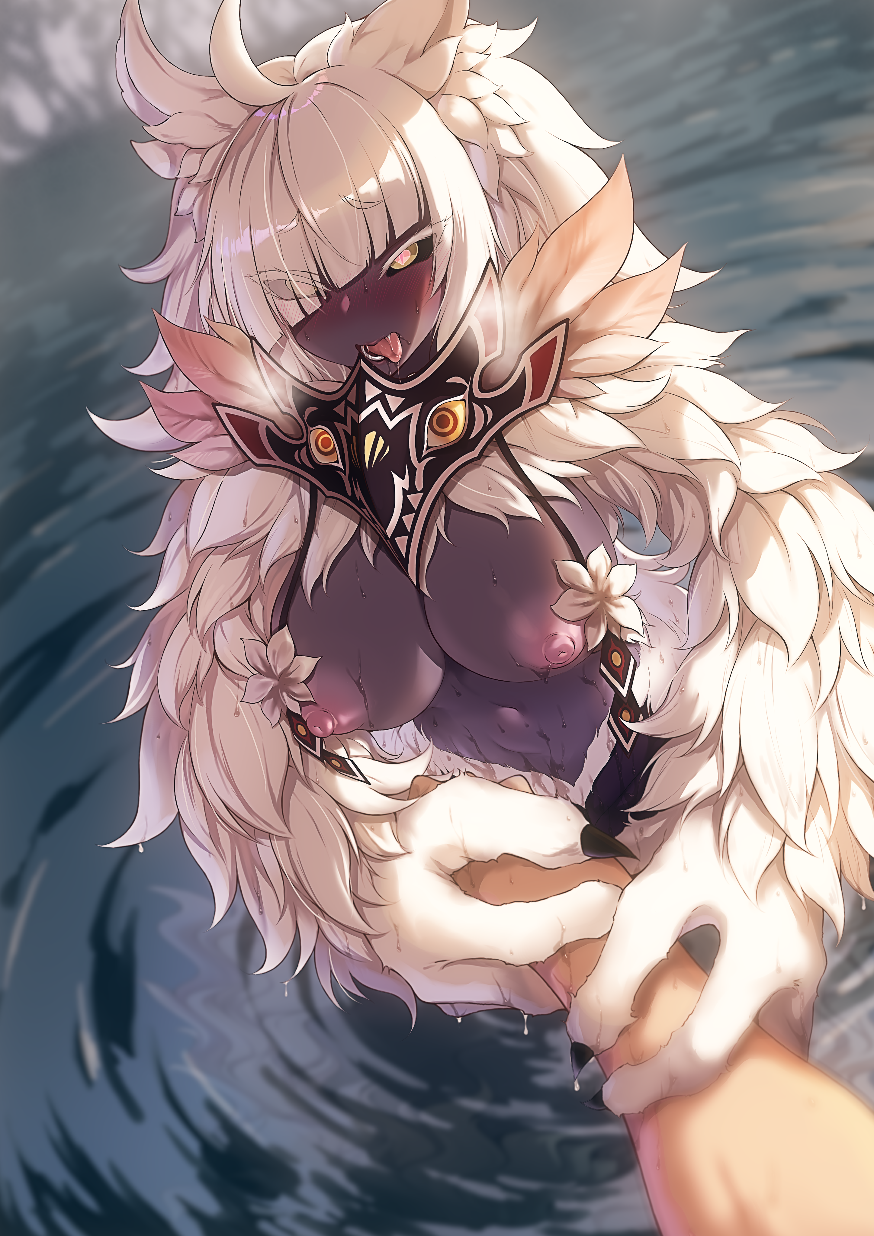 1boy, 1girls, animal ear fluff, animal ears, animal hands, areolae, big, black nails, black sclera, breasts, bunyip (monster girl encyclopedia), claws, dark skin, dark-skinned female, duo, erect nipples, female, female/male, fluff, fur, grey skin, light skin, light-skinned male, male, monster girl, monster girl encyclopedia, navel, nipples, offscreen character, offscreen male, pink nipples, straight, water, white fur, white hair, yellow eyes