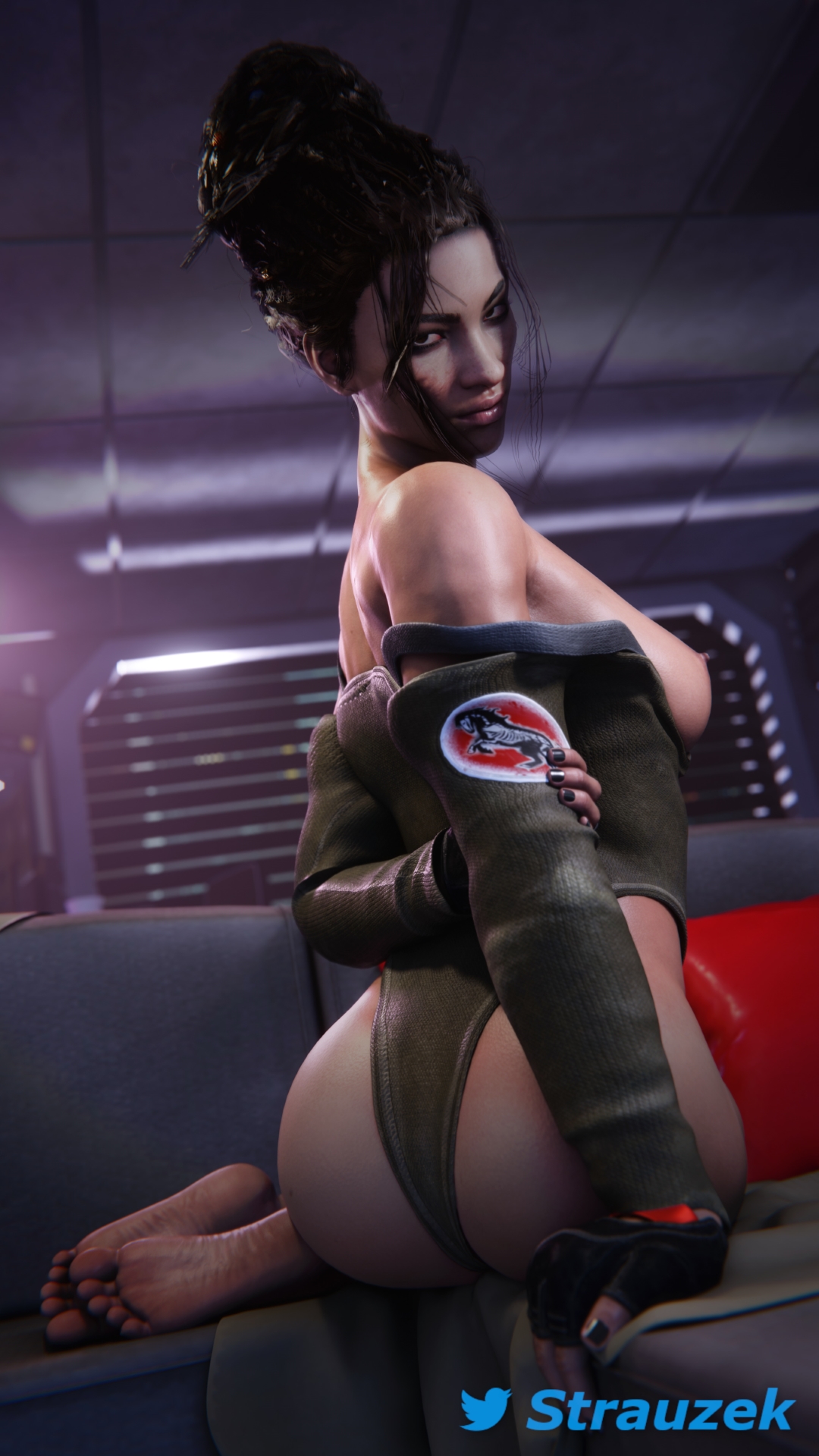 3d, arm grab, ass, bare shoulders, barefoot, black hair, black nail polish, black nails, blender, bodysuit, bottomless, breasts, breasts out, bubble ass, bubble butt, cd projekt red, clothing, cyberpunk, cyberpunk 2077, exposed breasts, feet, feet together, female, fingerless gloves, large ass, long sleeves, looking at viewer, nail polish, nipples, on sofa, panam palmer, pinup, pinup pose, pose, posing, seductive, seductive look, shiny skin, shoulderless shirt, sideboob, sitting, sitting on sofa, sofa, soles, strauzek, sweat, tied hair, toes, wrinkled feet, yokozuwari