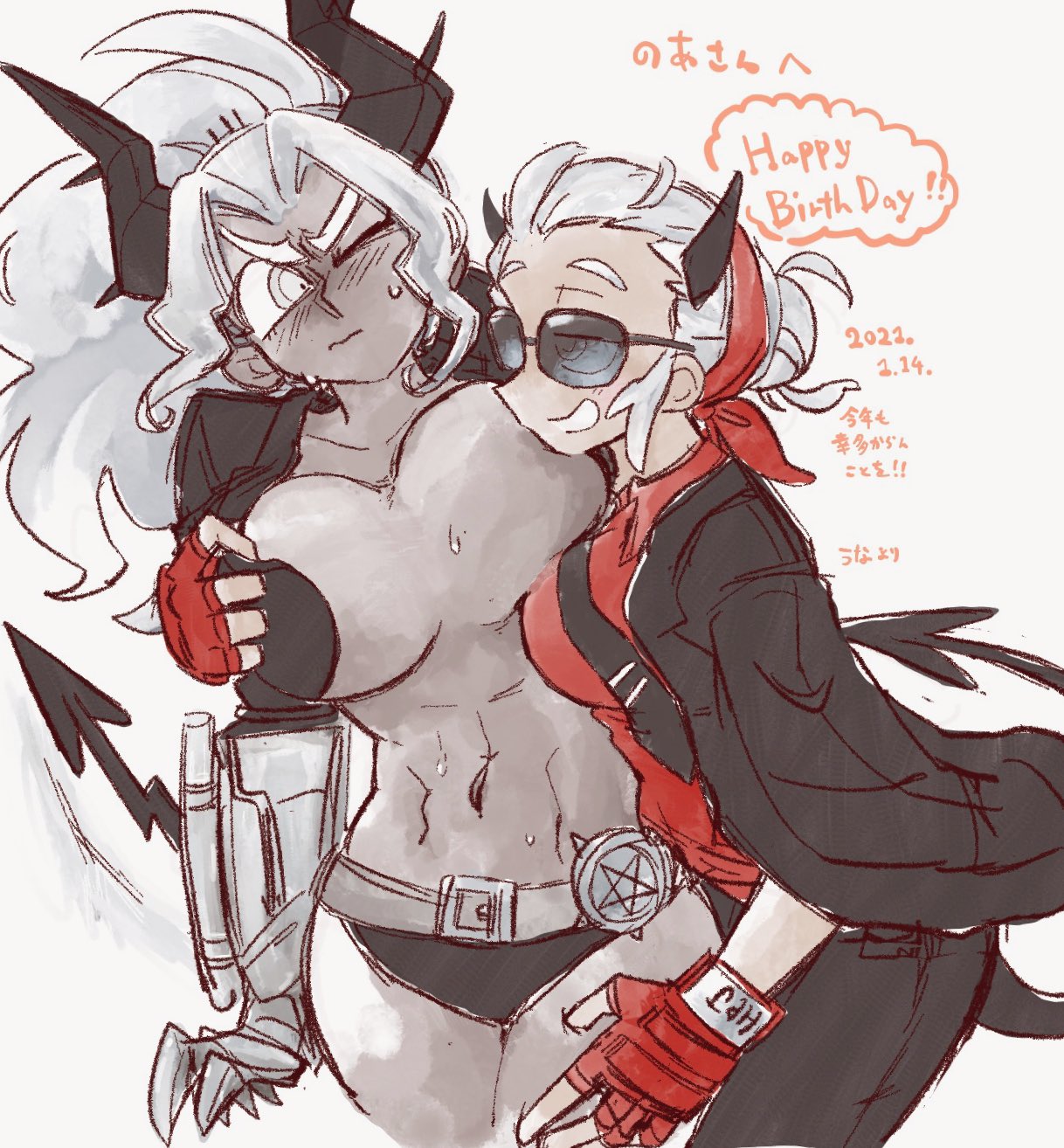 2demons, 2girls, blush, breast grab, breasts, demon, demon girl, demon horns, demon tail, female, female only, grin, helltaker, horns, judgement (helltaker), justice (helltaker), large breasts, multiple females, multiple girls, sunglasses, sweat, tail, text, tinted eyewear, unakamoshirenai, white hair, wince, yuri