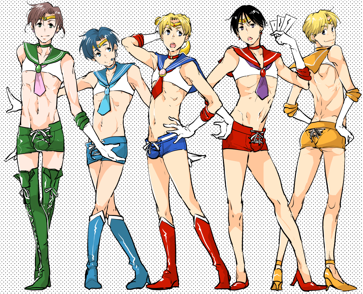 5boys, ami mizuno, armpits, arms behind head, arms up, ass, bishoujo senshi sailor moon, black hair, blonde hair, blue hair, boots, brown hair, bulge, clothed, clothing, crop top, femboy, genderswap, genderswap (ftm), gloves, headband, high heels, knee boots, lineup, looking at viewer, makoto kino, male, male only, midriff, minako aino, multiple boys, multiple males, nipple slip, open mouth, posing, rei hino, ri ru , rule 63, sailor collar, sailor jupiter, sailor mars, sailor mercury, sailor moon, sailor venus, short shorts, shorts, skimpy, smile, thigh boots, twink, usagi tsukino