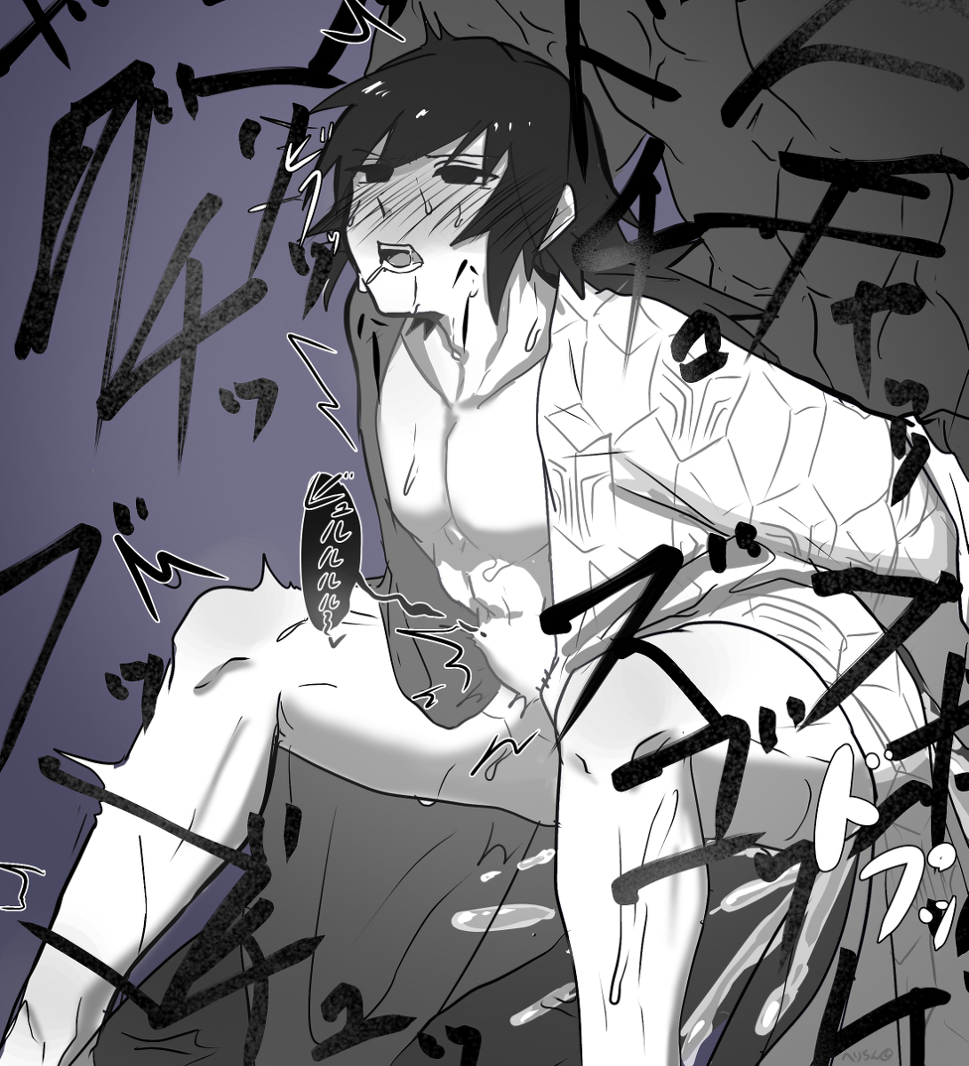 2boys, abs, anal, anal sex, arm grab, arms behind back, arms held back, ass, big penis, blush, creampie, cum in ass, cum splatter, demon slayer, drooling, ejaculation, femboy, from behind, gay, huge cock, kimetsu no yaiba, long hair, male, male only, monster, monster on male, on lap, open clothes, open mouth, pecs, penis, restrained, sitting, sitting on lap, size difference, solo focus, stomach bulge, stomach deformation, sweat, tomioka giyuu, toned, toned male, trap, yaoi