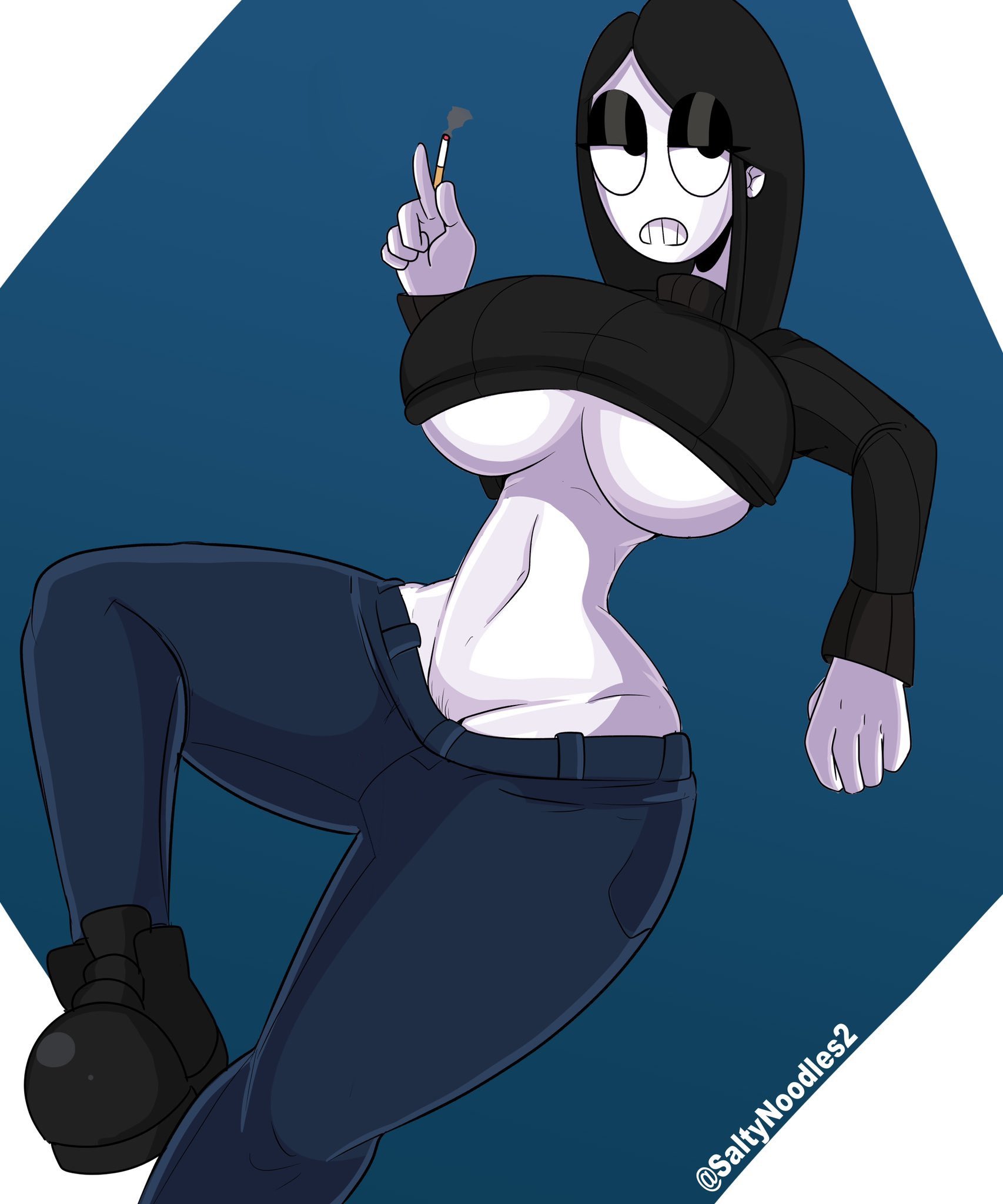 1girls, big breasts, black eyes, black footwear, black hair, black sweater, blue background, boots, breasts, cigarette, colored skin, crop top, cropped sweater, denim, exposed midriff, female, going commando, goth, groin, holding, holding cigarette, huge breasts, inviting, inviting to sex, jeans, large breasts, leaning back, leaning on elbow, long hair, long sleeves, looking at viewer, midriff, narrow waist, navel, no nose, no panties, pants, pubic hair, ribbed sweater, saltynoodles, simple background, smoke, smoking, solo, sweater, sweater lift, teeth, thick thighs, turtleneck sweater, unamused, underboob, veronica (saltynoodles), white skin, wide hips