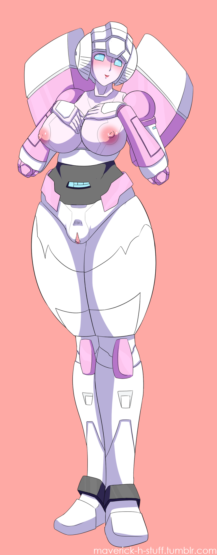 1girls, 2d, arcee, arcee (g1), big breasts, blush, breasts, clitoral hood, clitoris, female, female only, hands on own breasts, maverick-crafts, mechanical, nipples, pink nipples, pussy, robot, robot girl, simple background, solo, thick thighs, touching self, transformers, transformers g1, vagina, white body