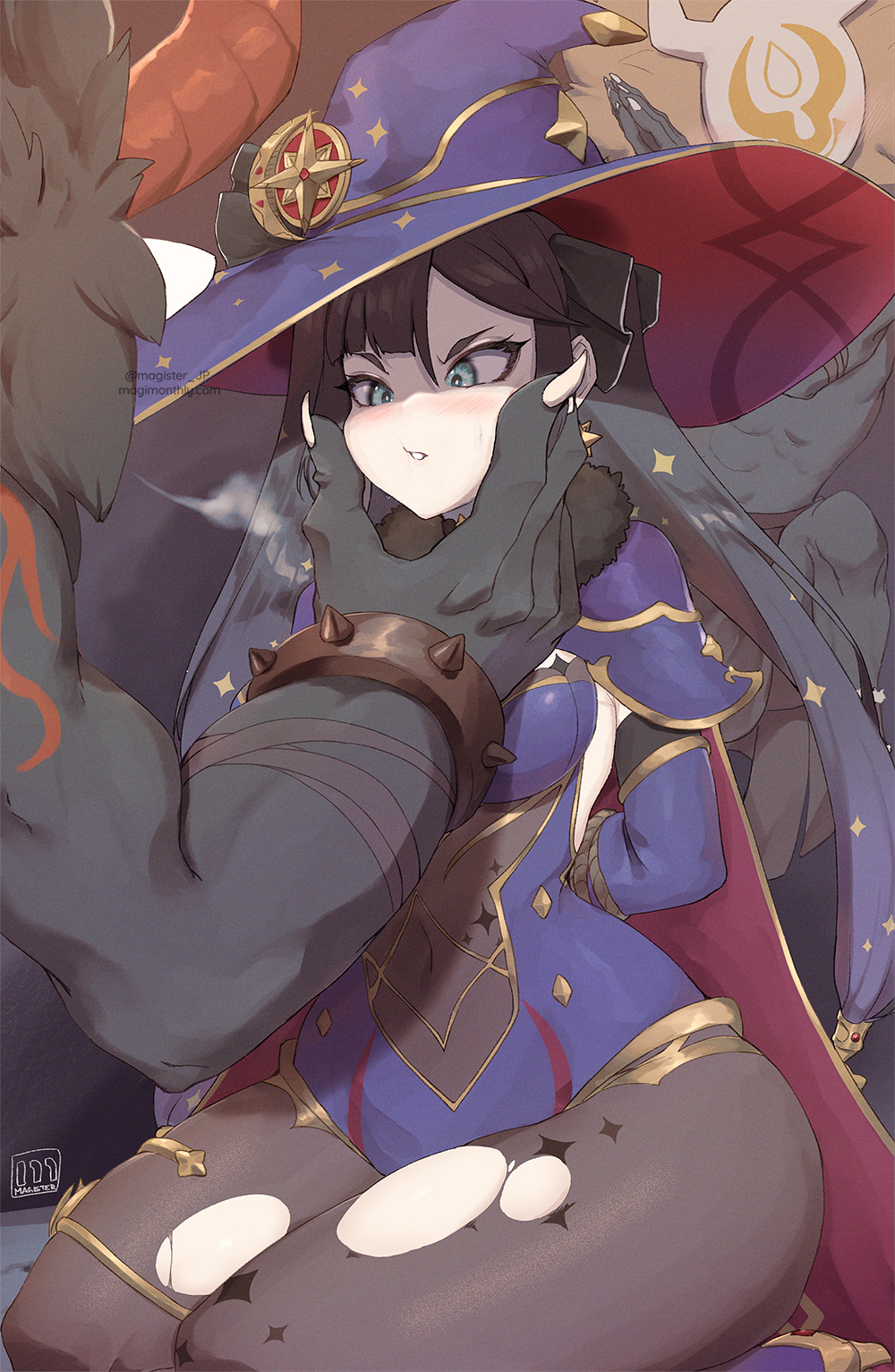 arms behind back, bondage, curvy, dark hair, female, genshin impact, hilichurls (species), imminent rape, kneeling, light skin, light-skinned female, magister (bigbakunyuu), mitachurl, mona (genshin impact), monster, pale skin, pale-skinned female, pantyhose, ripped clothing, ripped pantyhose, thick thighs, wide hips, witch, witch hat