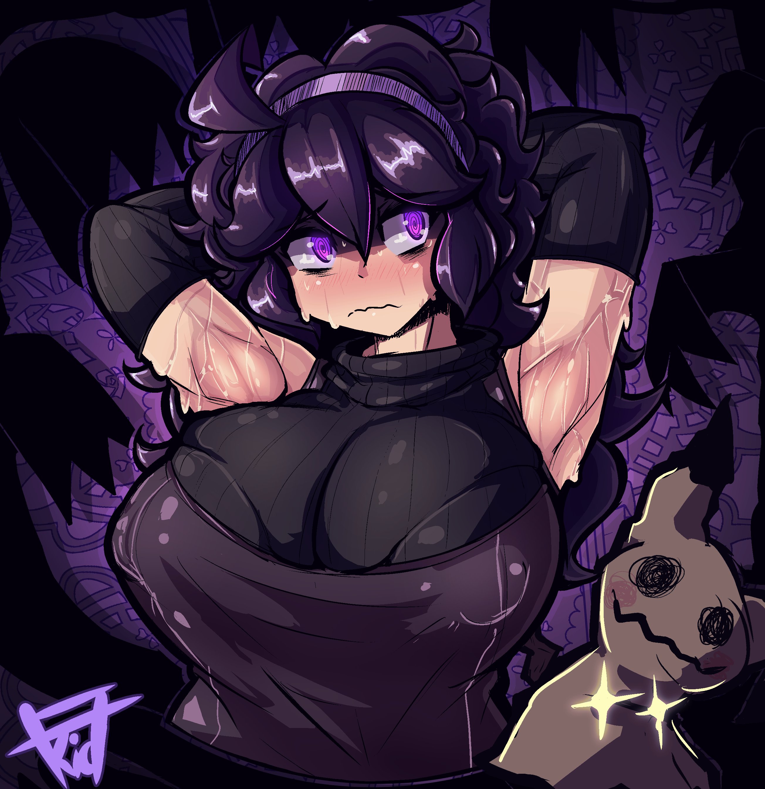 1girls, ahoge, alternate breast size, armpits, arms up, breasts, female, headband, hex maniac, huge breasts, nintendo, nipples visible through clothing, pokemon, pokemon xy, purple hair, sweat, th3k1d