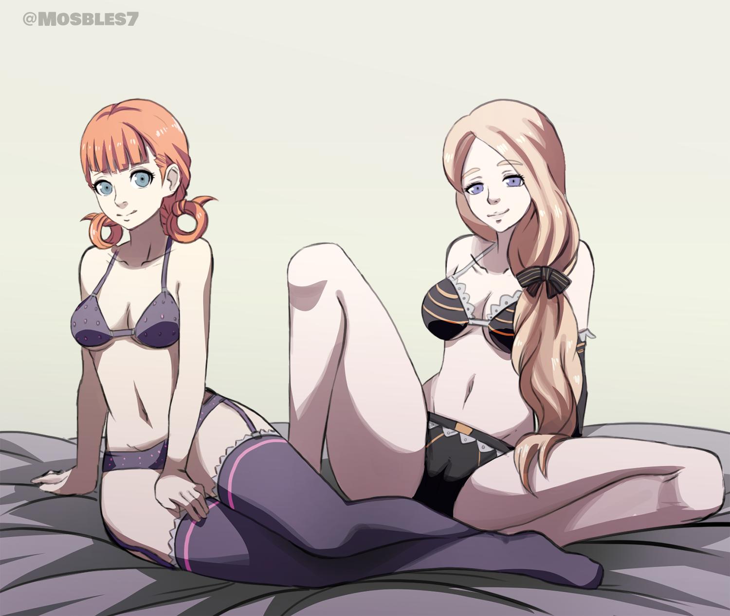 2girls, annette fantine dominic, blonde hair, female, female only, fire emblem, fire emblem: three houses, lingerie, long hair, mercedes von martritz, mosbles, multiple girls, nintendo, no shoes, on bed, orange hair, spread legs