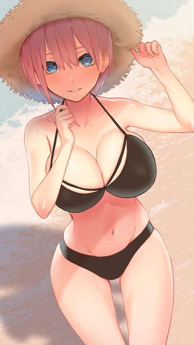 9:16, beach, big breasts, bikini, breasts, female, go-toubun no hanayome, hips, large breasts, looking at viewer, nakano ichika, navel, pink hair, smile, swimsuit, wide hips