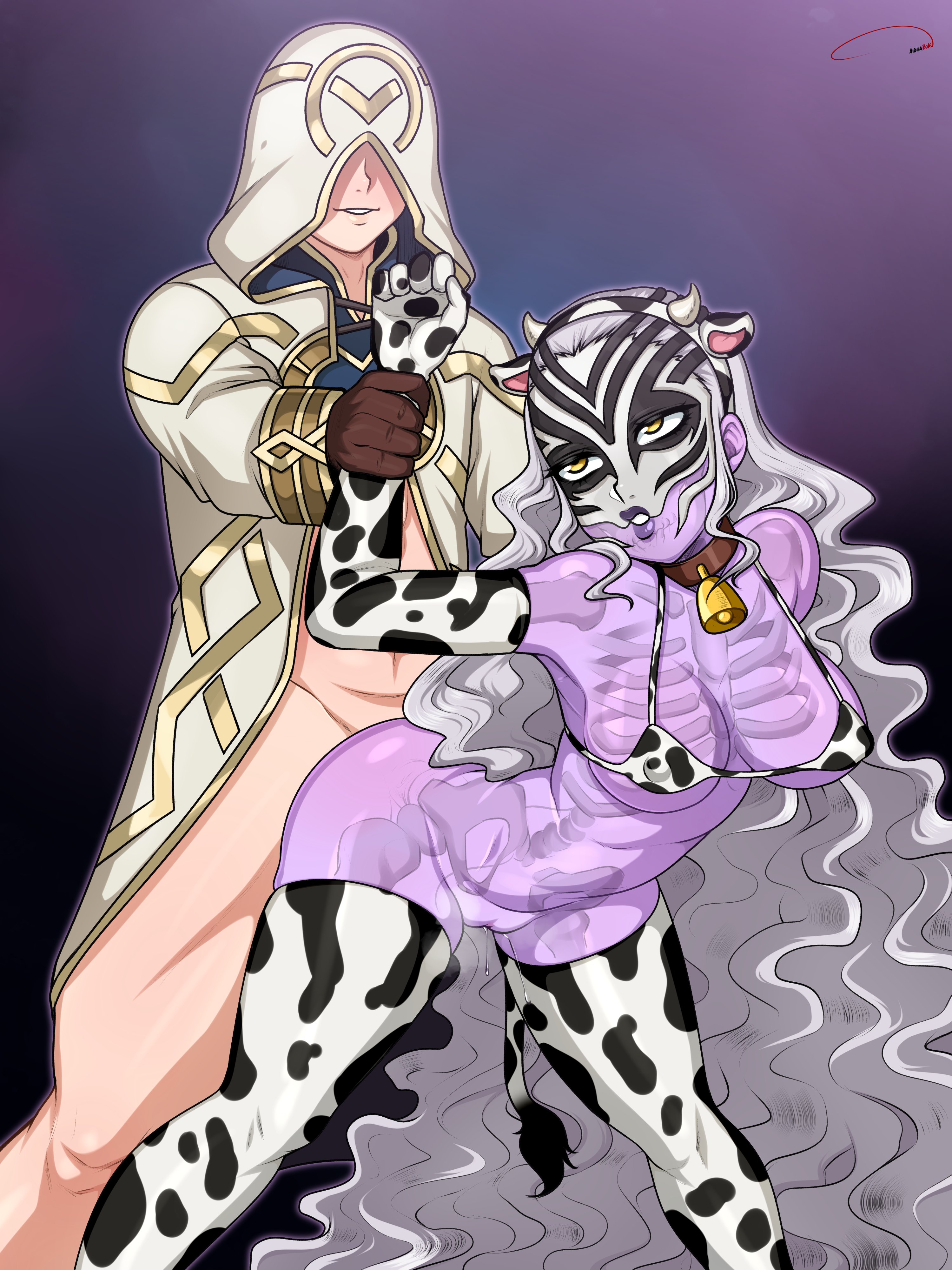 1boy, 1girls, absurdres, aldharoku, alternate costume, animal print, arm grab, ass, bell, big breasts, bikini, black lips, bra, breasts, clothed sex, collar, cow girl, cow print, cow print bikini, cowbell, eyes rolling back, female, fire emblem, fire emblem heroes, from behind, hel (fire emblem), hetero, highres, kiran (fire emblem), kiran (fire emblem) (male), large breasts, long hair, looking at viewer, looking pleasured, male, mask, monster girl, nintendo, pussy, see-through, sex, sex from behind, skeleton, skelly jelly, standing, standing sex, thighhighs, transparent skin, underwear, very long hair, visible skeleton, wavy hair, white hair, year of the ox, yellow eyes