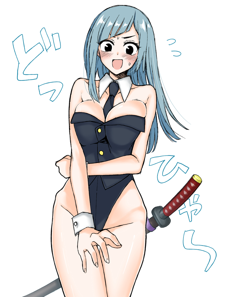1girls, big breasts, blue hair, blue-haired female, blunt bangs, blush, bodysuit, breast squish, breasts, cleavage, clothed, detached collar, embarrassed, female, female only, jujutsu kaisen, kasumi miwa, leotard, open smile, skimpy, smile, solo female, sweat, sword, thong leotard, tie, tie between breasts, wrist cuffs