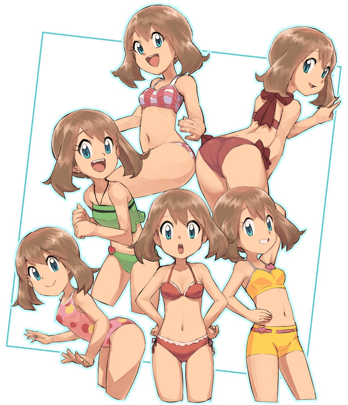 00s 1girls ass bandana belly_button bent_over bikini bikini_shorts breasts brown_hair female female_focus female_only hands_on_hips human light-skinned_female light_skin may_(pokemon) multiple_poses navel nintendo nyonn24 one-piece_swimsuit pokemon pokemon_rse polka_dot polka_dot_swimsuit short_hair swimsuit tummy yellow_bikini_bottom yellow_bikini_shorts yellow_bikini_top