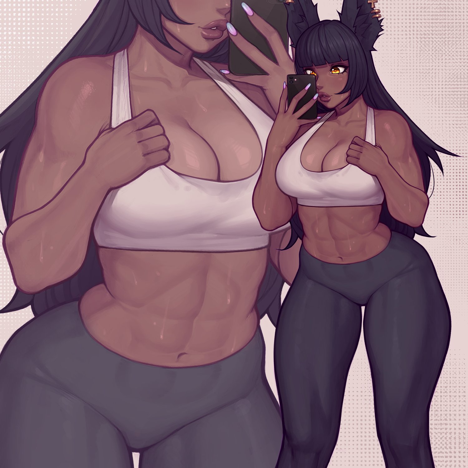 1girls, abs, amber eyes, asura (artist), big breasts, breasts, cleavage, dark skin, dark-skinned female, female, female only, large breasts, muscles, muscular, muscular female, original character, rabbit humanoid, selfie, thick thighs, wide hips