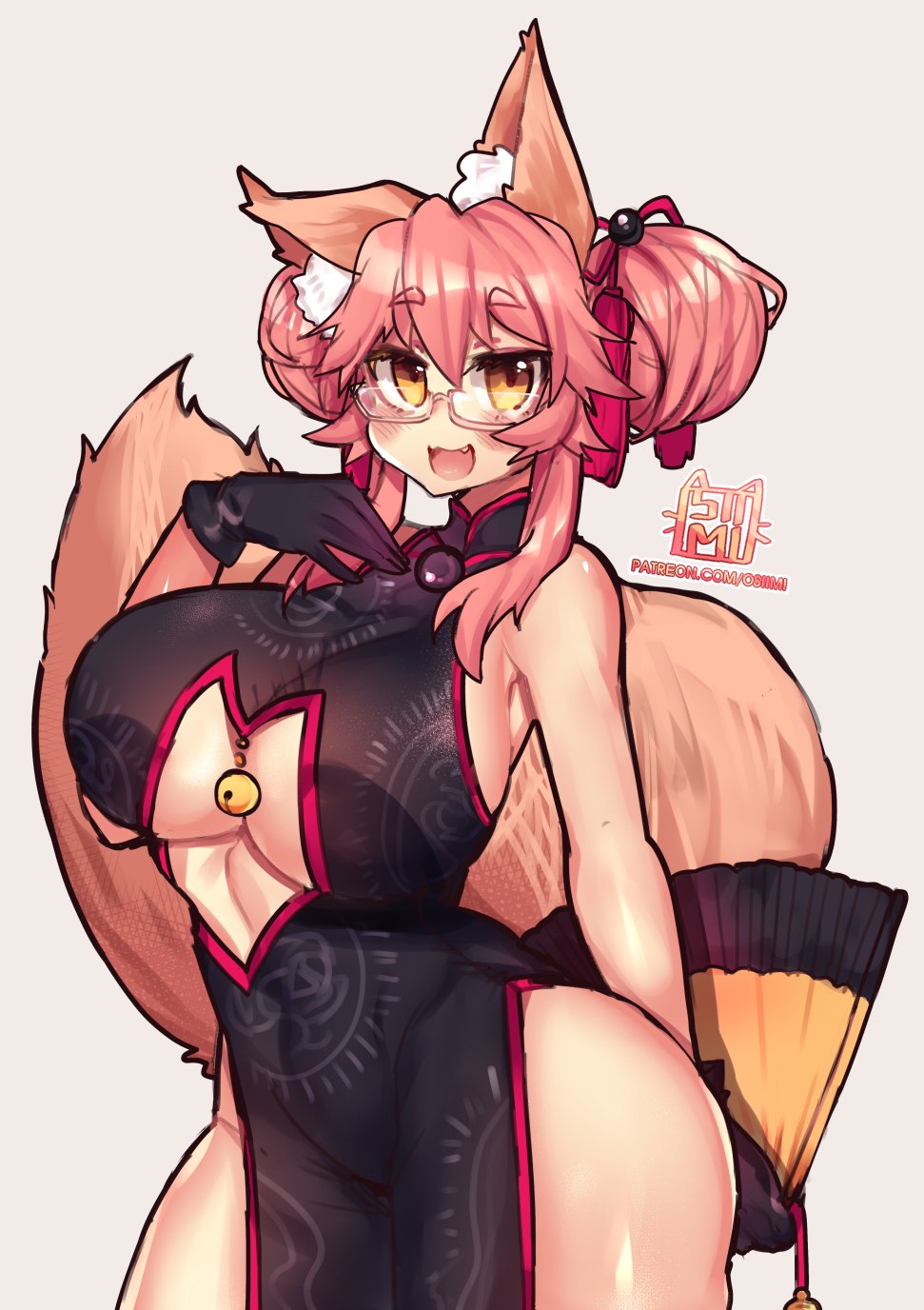 big breasts, breasts, china dress, chinese clothes, cleavage, curvy, fate (series), fate/grand order, female, fox ears, fox girl, fox tail, glasses, hair bun, huge breasts, koyanskaya (chinese lostbelt outfit), koyanskaya (fate), looking at viewer, osiimi, pink hair, underboob, wide hips, yellow eyes