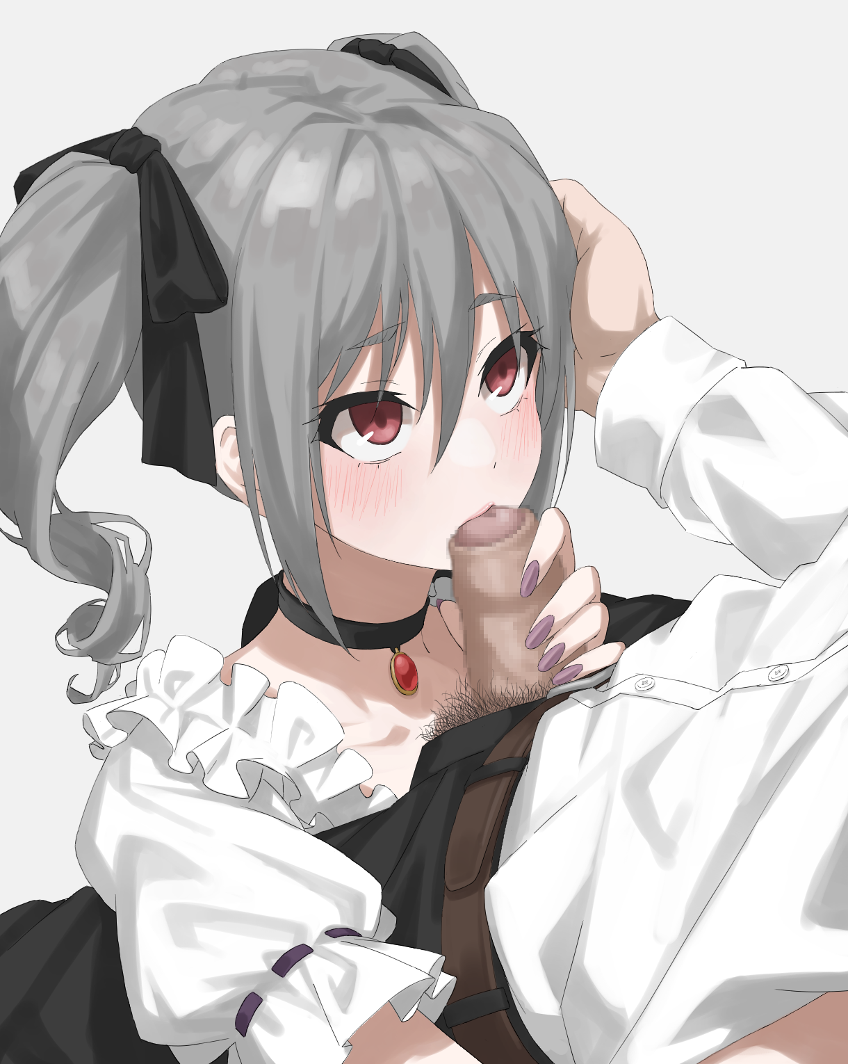 1boy, 1girls, bangs, black ribbon, blush, breasts, censored, choker, collarbone, drill hair, faceless male, fellatio, female, foreskin, foreskin play, frills, hair between eyes, hair ribbon, handjob, highres, idolmaster, idolmaster cinderella girls, jewelry, kaminari doon, kanzaki ranko, long hair, looking at viewer, looking up, male, male pubic hair, mosaic censoring, nail polish, oral, partially retracted foreskin, pendant, penis, producer (idolmaster), pubic hair, puffy short sleeves, puffy sleeves, purple nails, red eyes, retracted foreskin, ribbon, short sleeves, silver hair, small penis, small penis adoration, straight, twin drills, twintails, uncircumcised, uncut