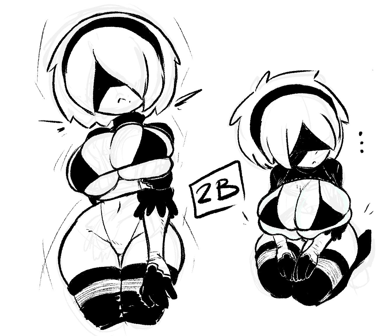 ..., 1girls, big breasts, bra, breasts, clothed, clothing, cute, eyes covered, female, female only, fingers, headband, huge breasts, jellot, looking aside, nier: automata, panties, short hair, skindentation, solo, thick thighs, thighhighs, thin waist, wide hips, yorha 2b