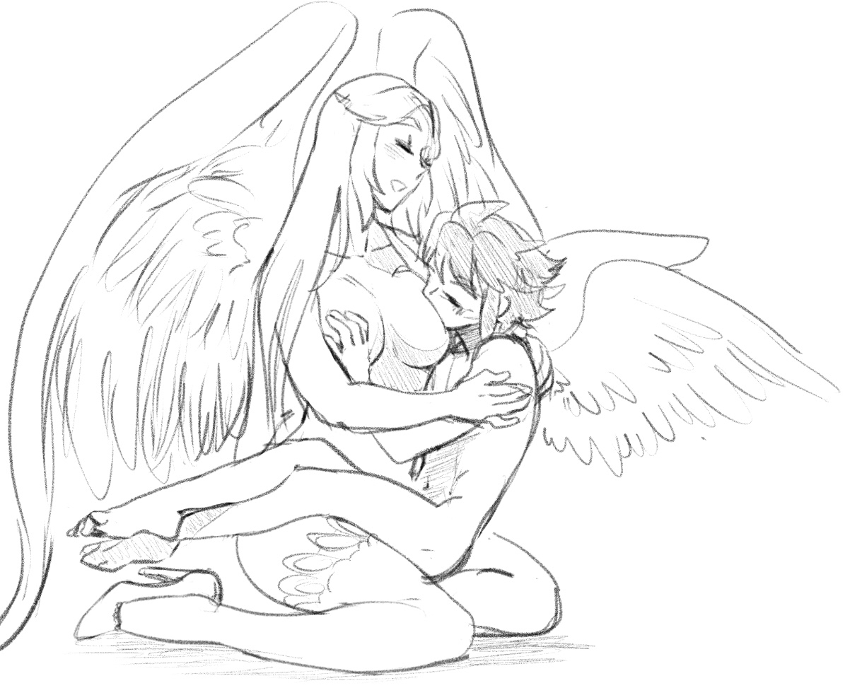 1girls, big breasts, black and white, blush, breast grab, breast sucking, breasts, closed eyes, completely nude, female, goddess, happy sex, high heels, kid icarus, kid icarus uprising, large breasts, legs, long hair, long legs, nintendo, nude, palutena, parted bangs, pit, pit (kid icarus), short hair, single thighhigh, sketch, soft sizzle, swept bangs, thighhighs, thighs, very long hair