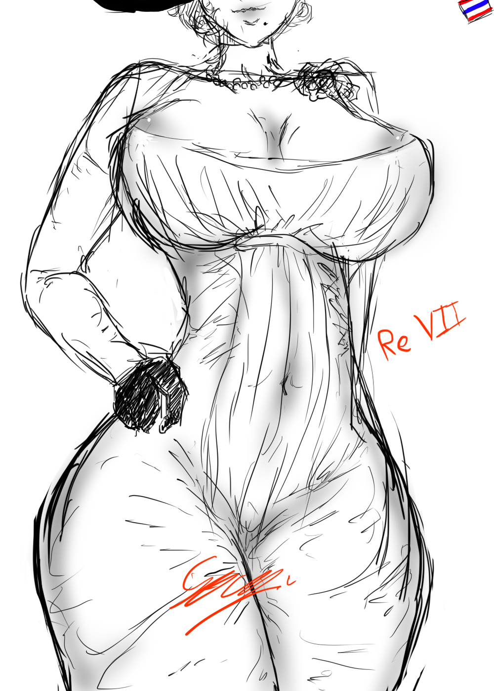 alcina_dimitrescu beauty_mark capcom cleavage clothed corsage dress female female_only fully_clothed giantess gloves greyscale huge_ass huge_breasts milf nipple_slip pursed_lips resident_evil resident_evil_8:_village sketch solo solo_female tight_clothing vampire vampire_girl woman women