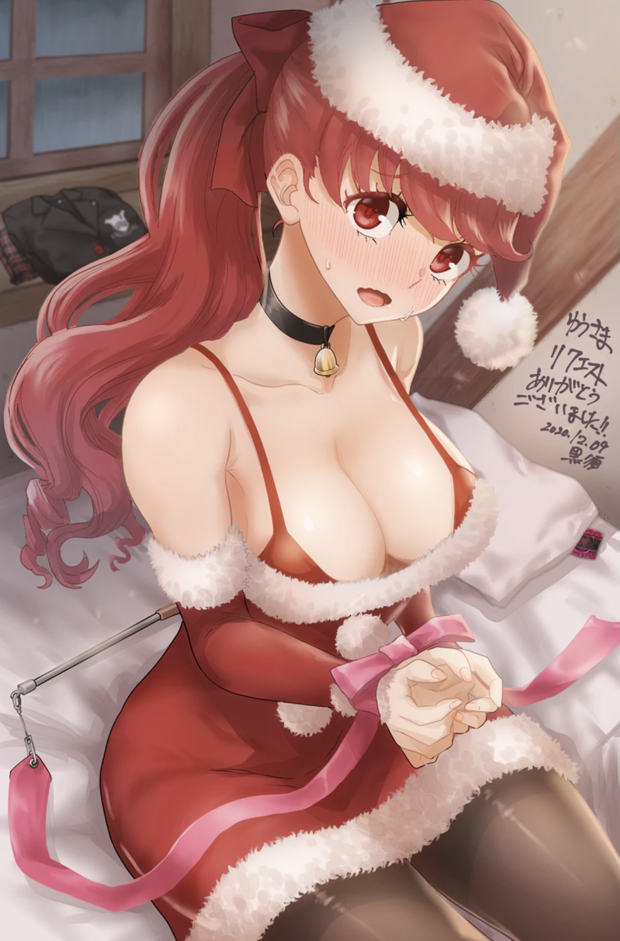 alternate breast size, bondage, breasts, christmas, female, flustered, gift, gift wrapped, kasumi yoshizawa, kurosususu, persona, persona 5, persona 5 royal, red panties, ribbon, sumire yoshizawa