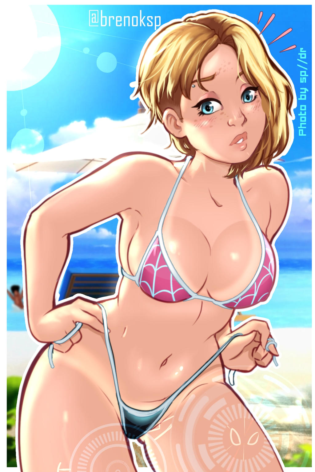 1girls beach bikini blonde_hair blue_eyes breasts breno_ksp busty clothing eyebrow_piercing female female_only fully_clothed gwen_stacy hair llamaboy marvel marvel_comics revealing_clothes shaved_side solo spider-gwen spider-man:_into_the_spider-verse spider-man_(series) swimsuit