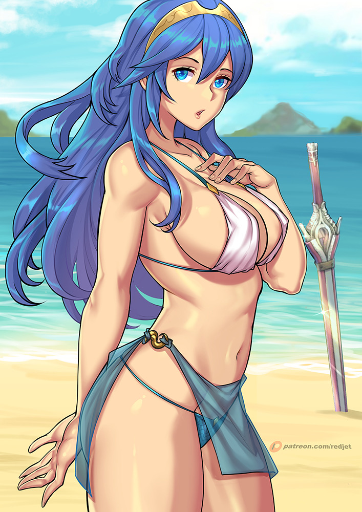 1girls, alternate breast size, alternate costume, alternate version available, bare midriff, beach, bikini, blue eyes, blue hair, breasts, falchion (fire emblem), female, female focus, female only, fire emblem, fire emblem awakening, long hair, looking at viewer, lucina (fire emblem), medium breasts, nintendo, ocean, outdoors, patreon username, redjet, sarong, see-through, sideboob, swimsuit, sword, tiara, translucent clothing, veil, water, weapon