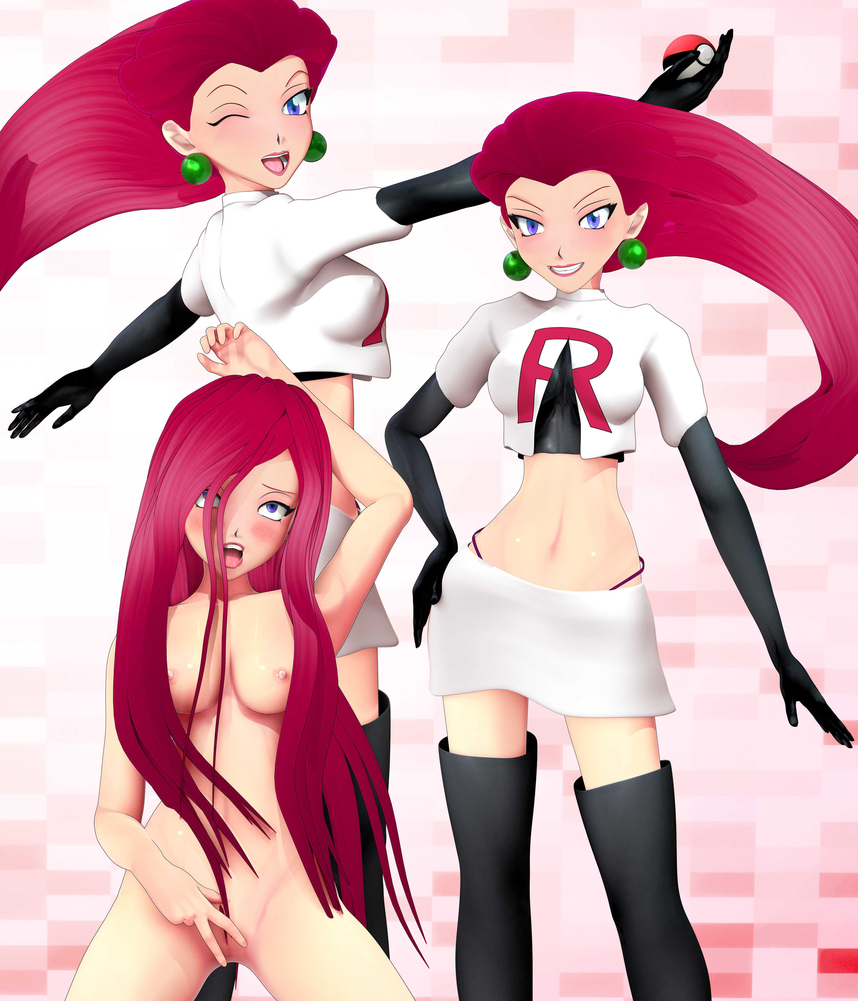 1girls, 3d, 3d (artwork), 3d model, ahe gao, banchouforte, blender, boots, earrings, female, female only, hair down, human, human only, jessie (pokemon), laying down, long hair, pokeball, pokemon, pokemon (anime), pussy, red hair, red lipstick, solo, spread legs, spread pussy, team rocket, thigh boots, thong