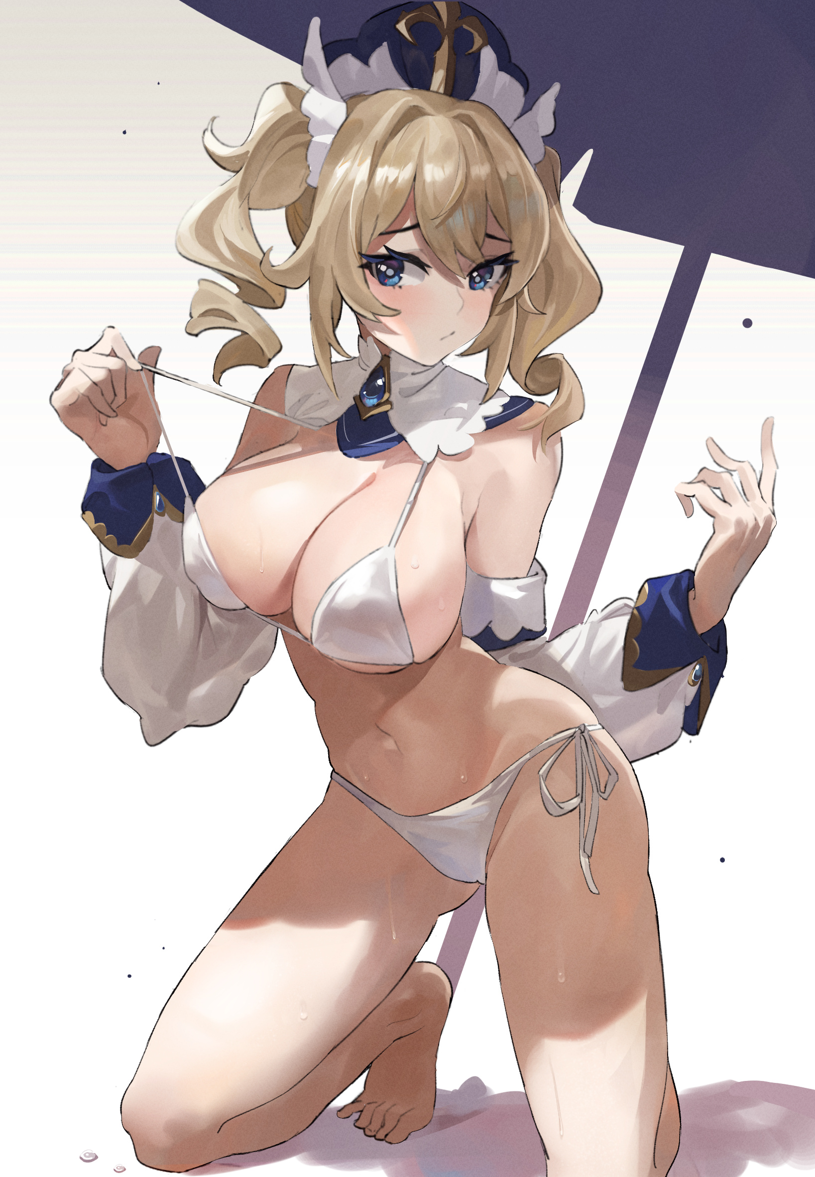1girls, barbara (genshin impact), bikini, blue eyes, bra, breasts, female, genshin impact, headwear, large breasts, looking at viewer, panties, sweatdrop, toes, twintails