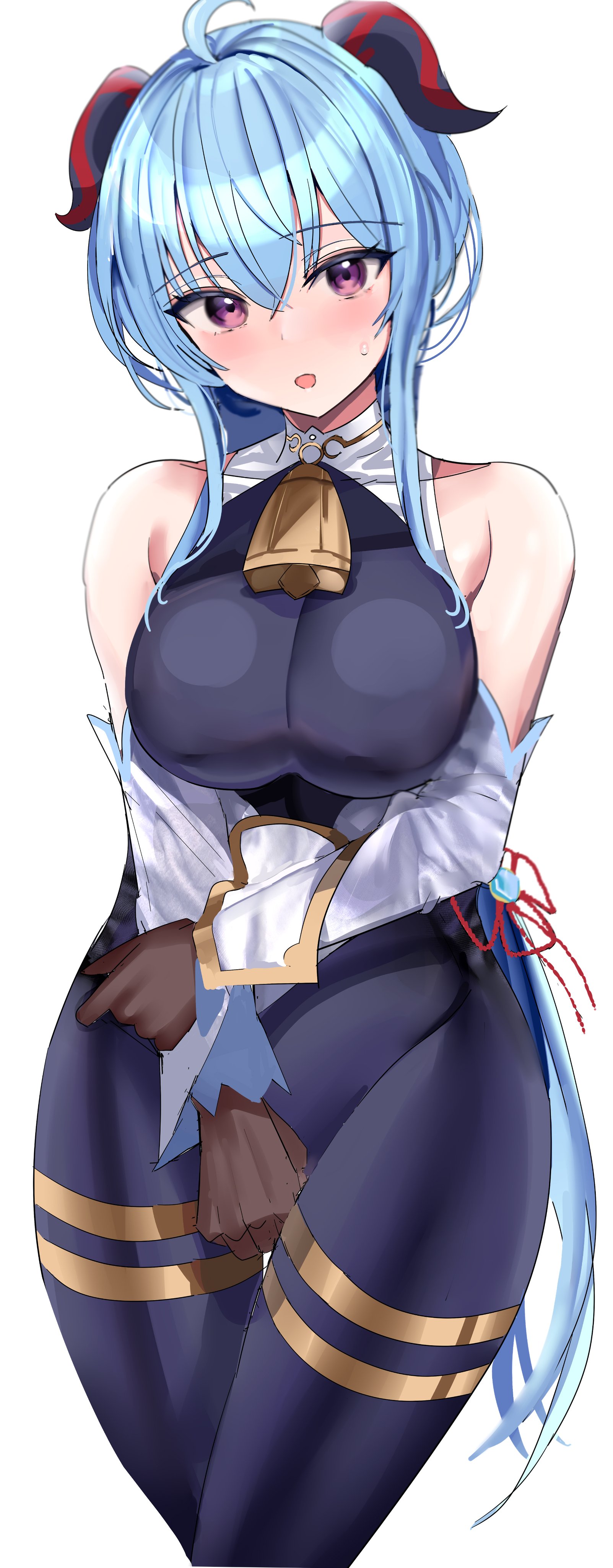 1girls, adamant369, bare shoulders, big breasts, blue hair, blush, bodysuit, breasts, bursting breasts, busty, cowbell, curvaceous, curved horn, curved horns, curves, curvy, curvy body, curvy female, curvy figure, curvy hips, eyebrows visible through hair, eyelashes, female, female only, ganyu (genshin impact), genshin impact, gloves, hi res, highres, horn, horns, huge breasts, large breasts, long hair, looking at viewer, narrow waist, open mouth, purple eyes, shiny, shiny hair, shiny skin, shy, skin tight, skintight, solo, sweatdrop, tagme, thick, thick legs, thick thighs, thigh gap, thighs, tight clothes, tight clothing, wide hips