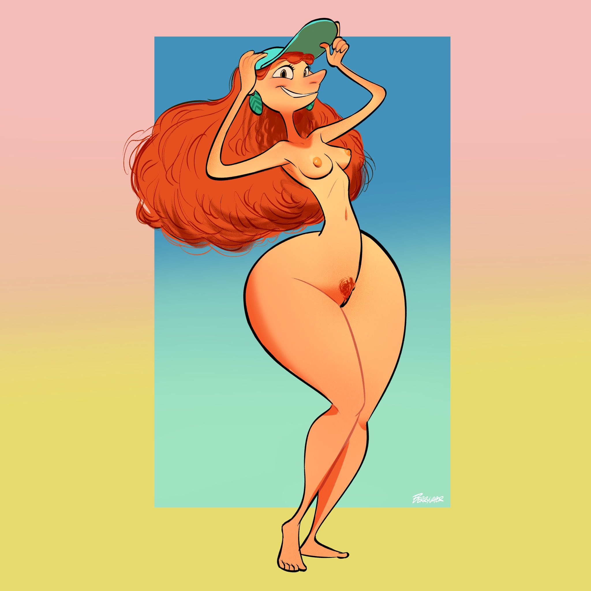 1girls, arms up, ass, barefoot, berryvapor, big ass, bottom heavy, breasts, brown eyes, completely nude, curly hair, disney, earrings, feet, female, female only, full body, inner workings, kate (inner workings), large ass, long hair, naked, naked female, nipples, nude, nude female, pubic hair, pussy, pussy peek, red hair, simple background, smile, solo, solo female, thin waist, unshaved pussy, visor cap, wide hips